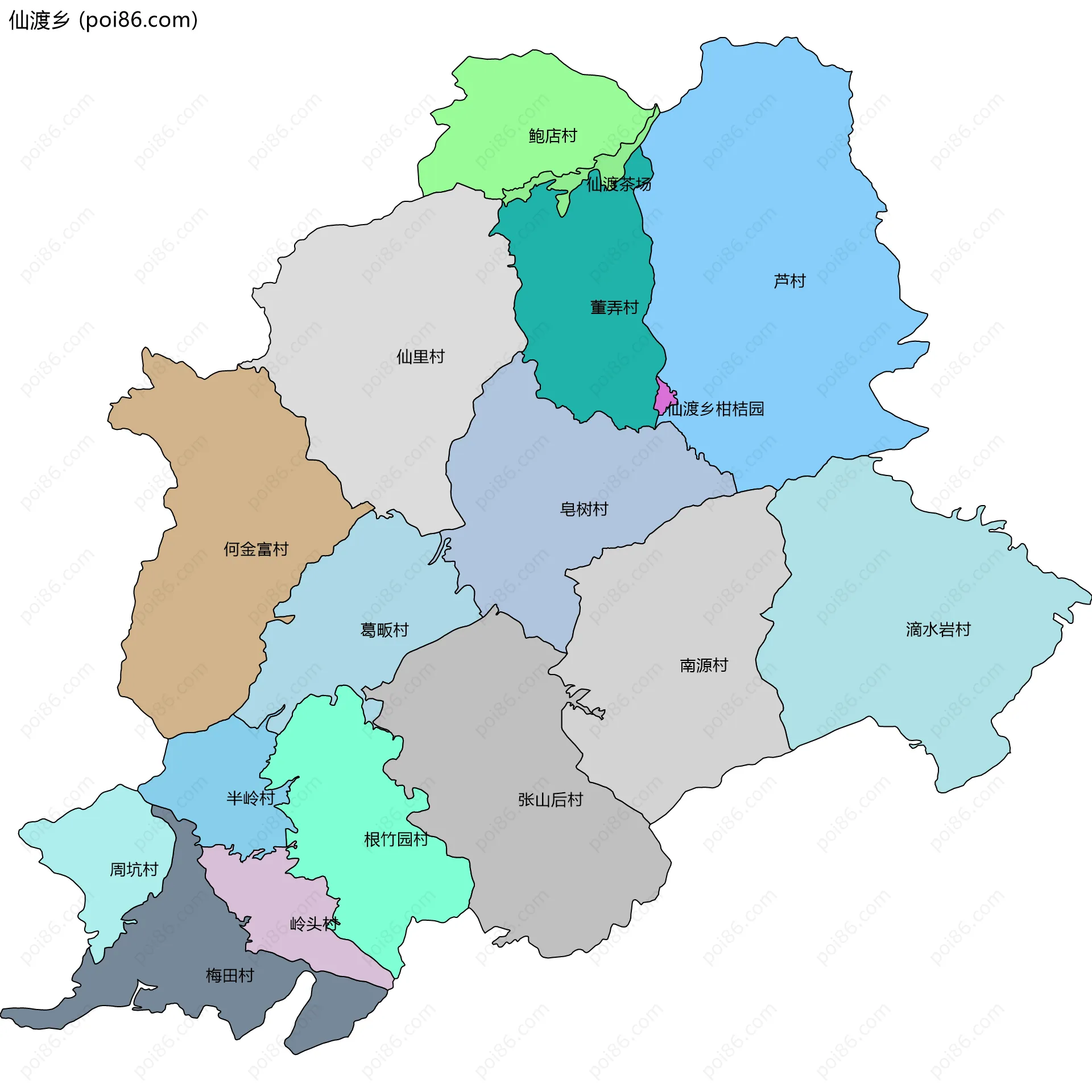 仙渡乡边界地图(五级行政区划)