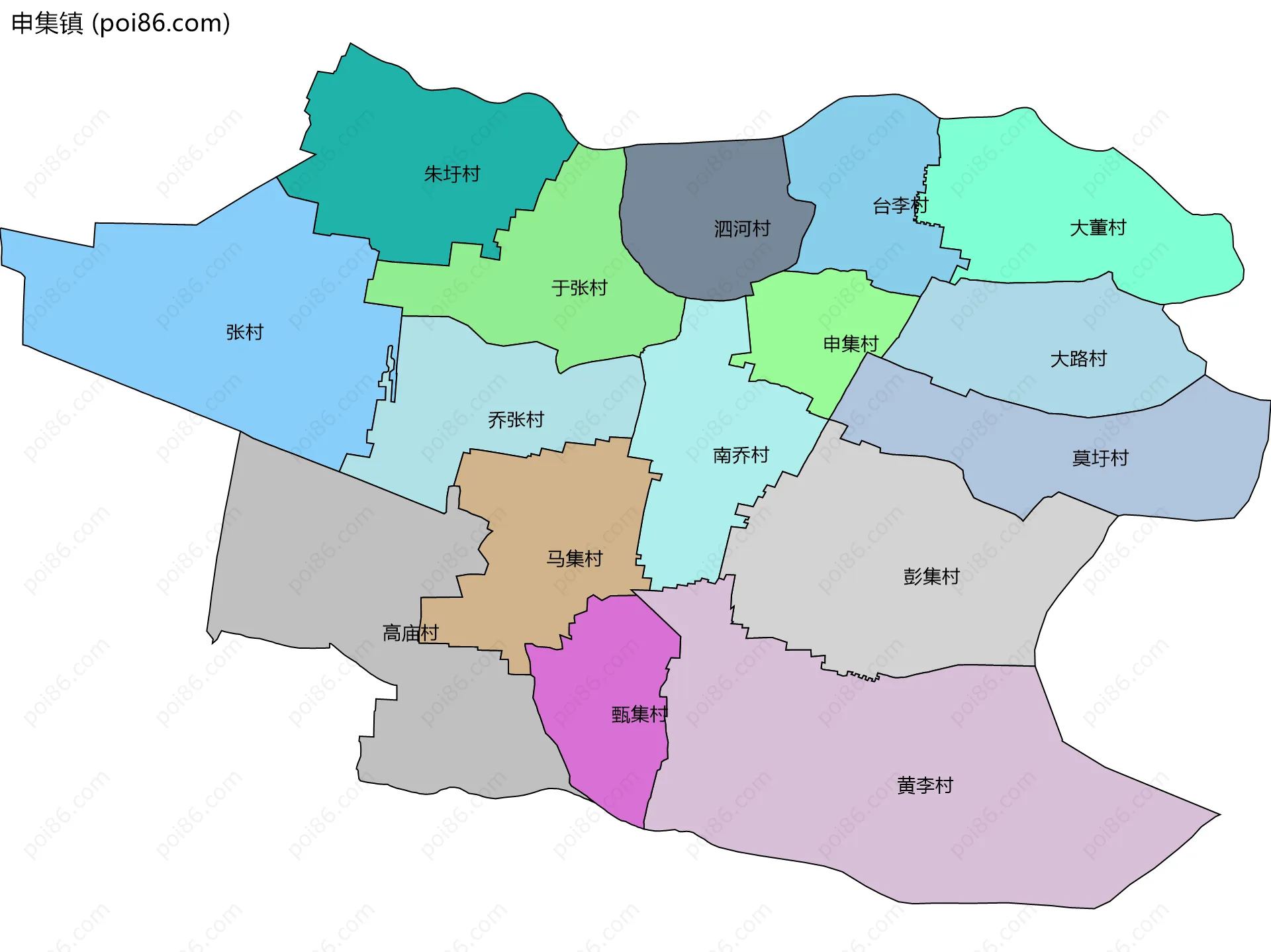 申集镇边界地图(五级行政区划)