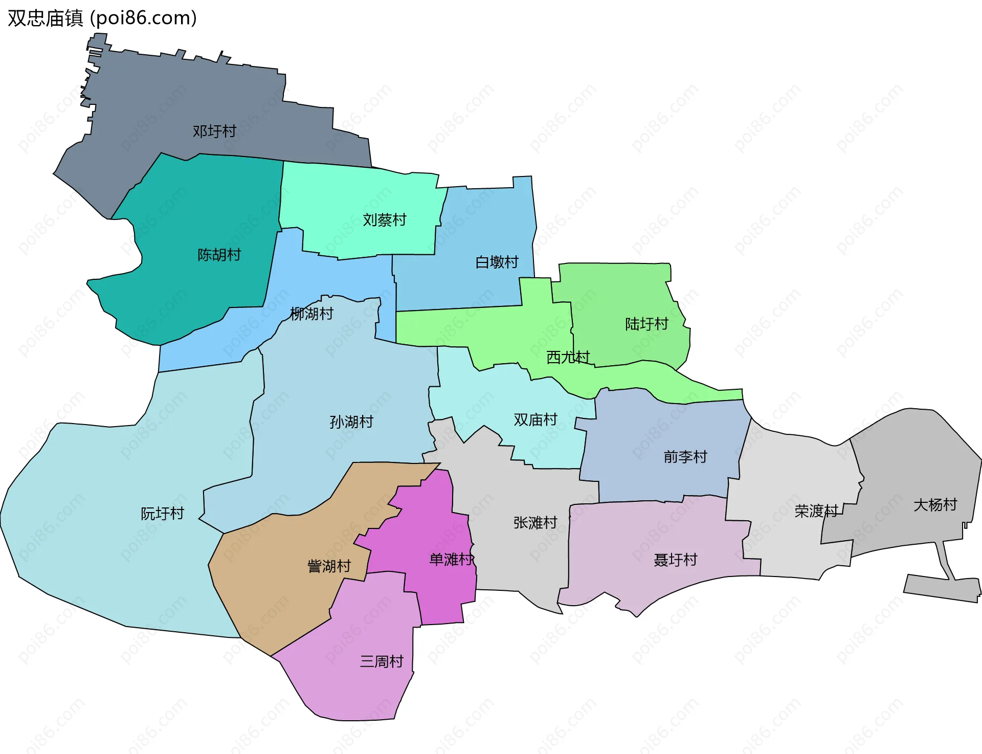 双忠庙镇边界地图(五级行政区划)