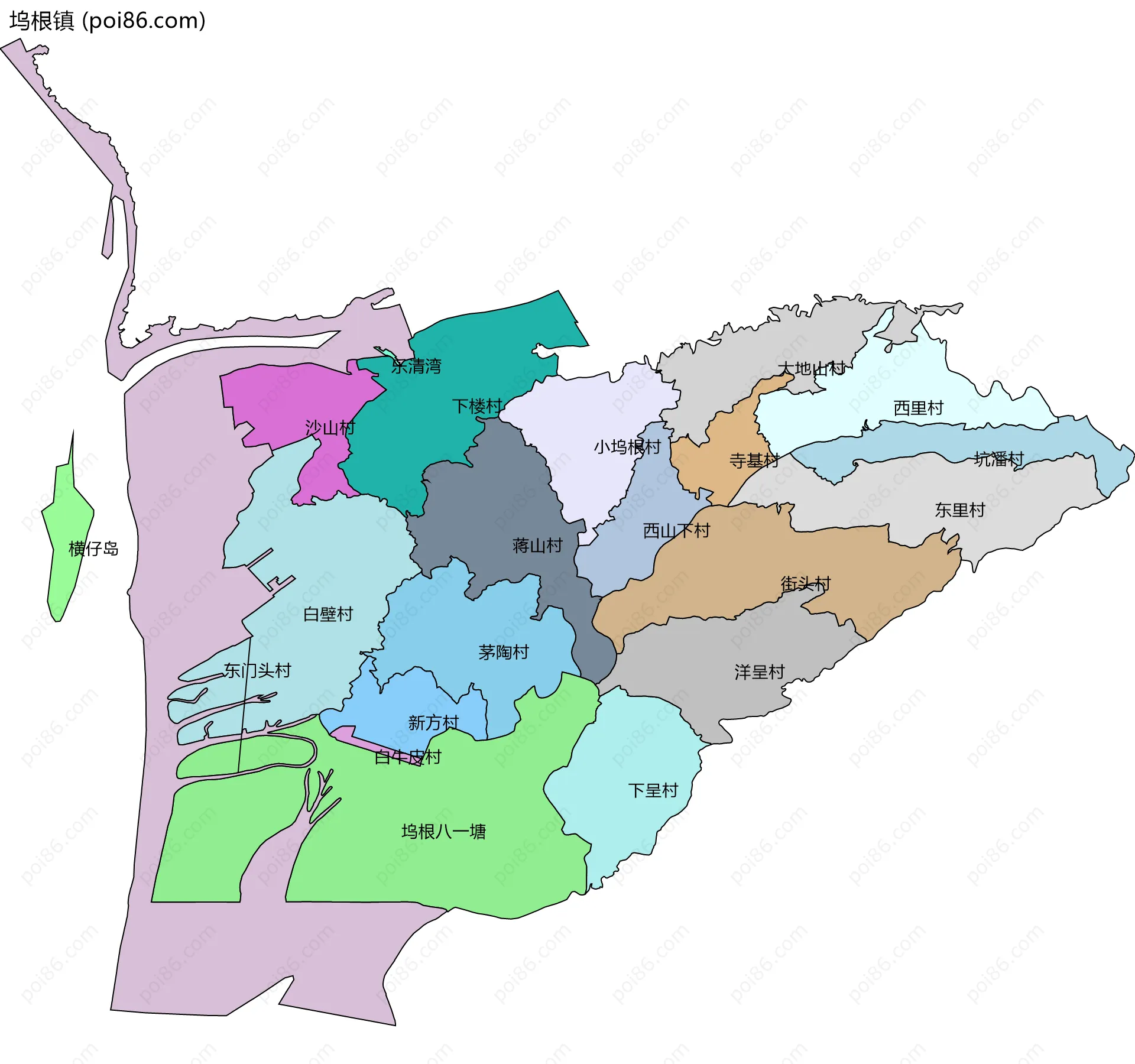 坞根镇边界地图(五级行政区划)