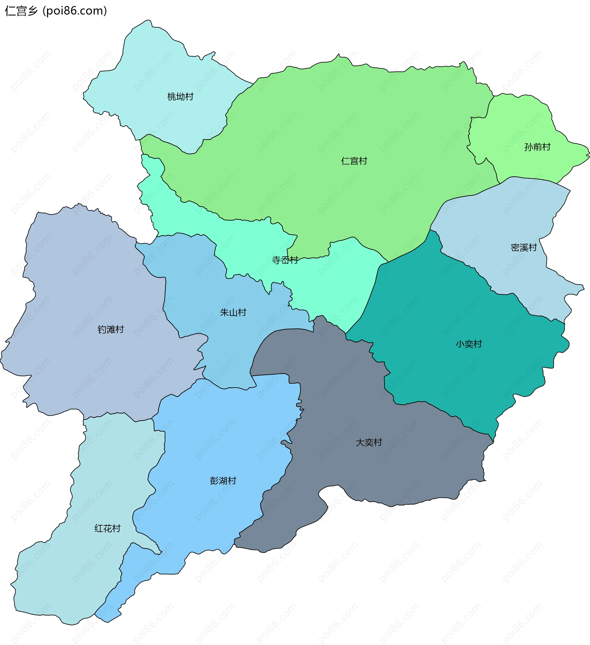 仁宫乡边界地图(五级行政区划)