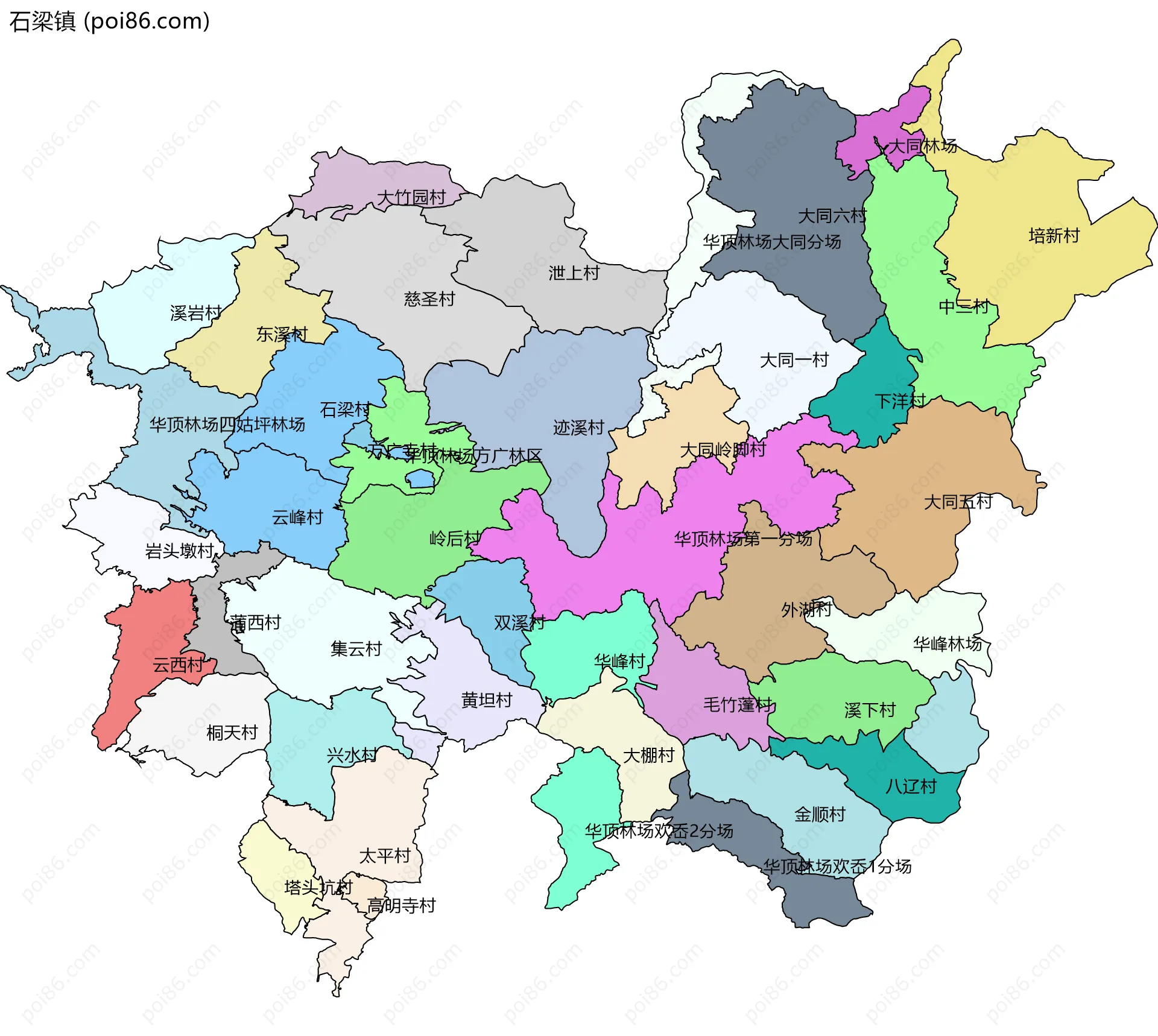 石梁镇边界地图(五级行政区划)