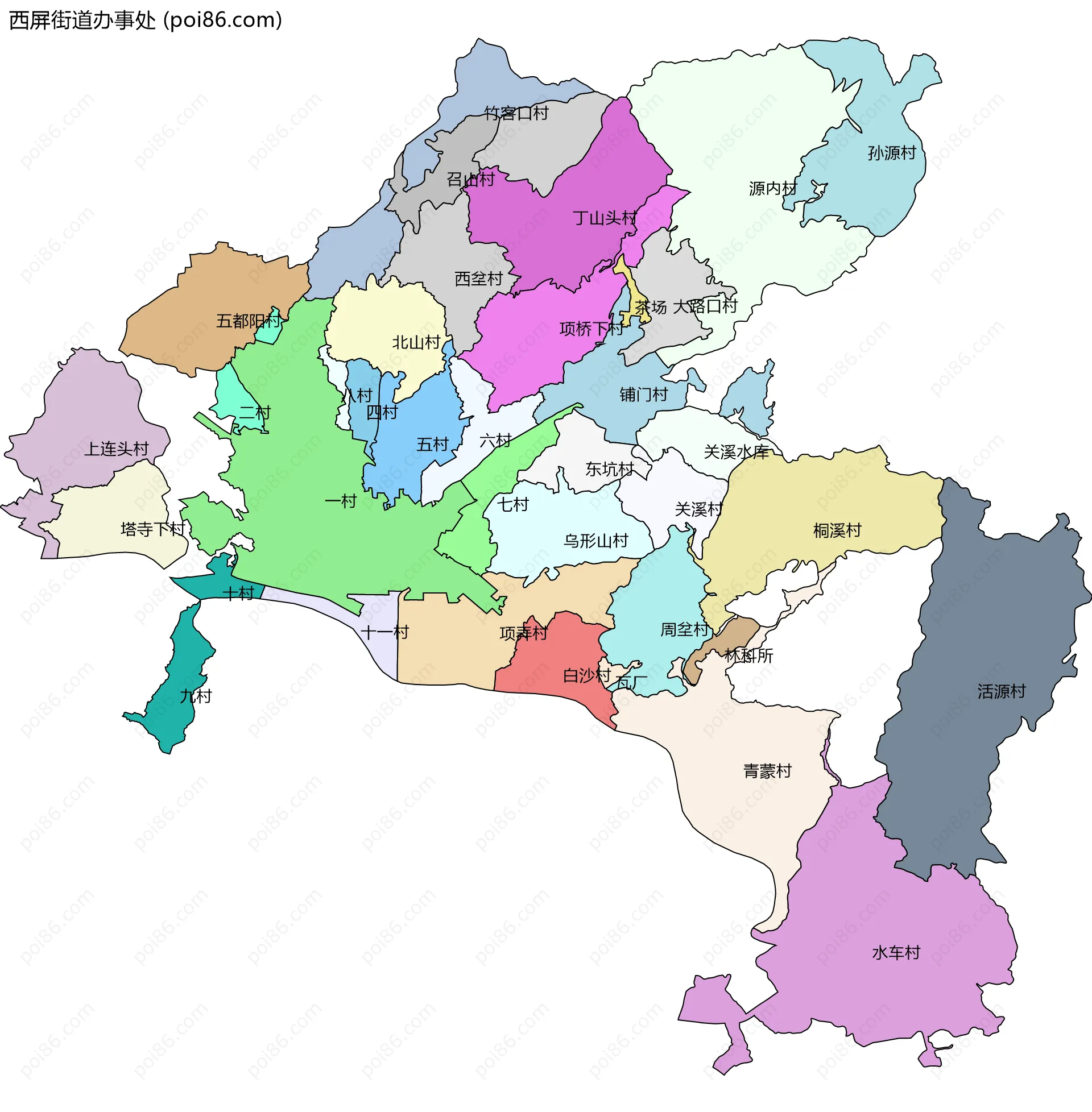 西屏街道办事处边界地图(五级行政区划)