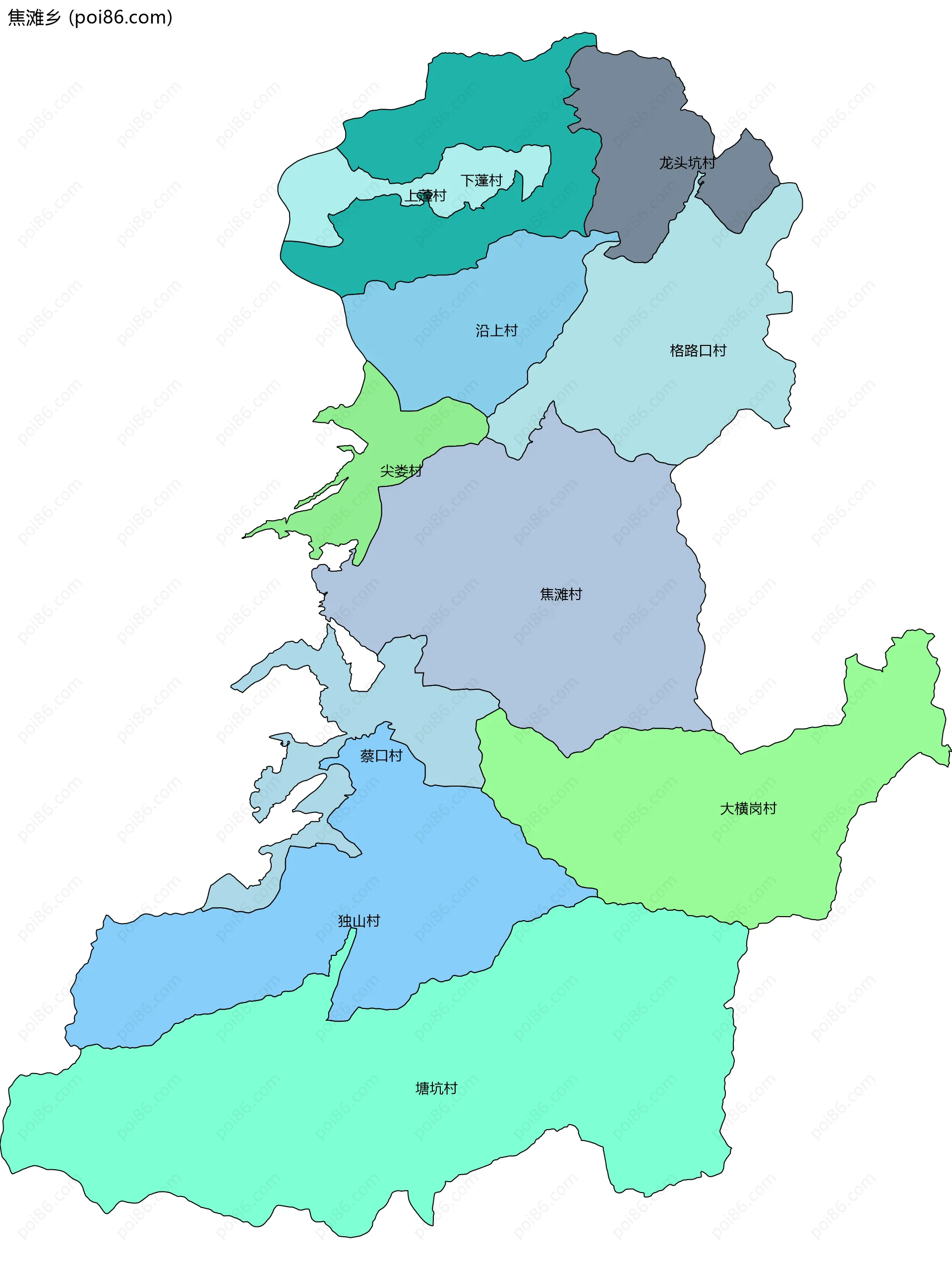焦滩乡边界地图(五级行政区划)