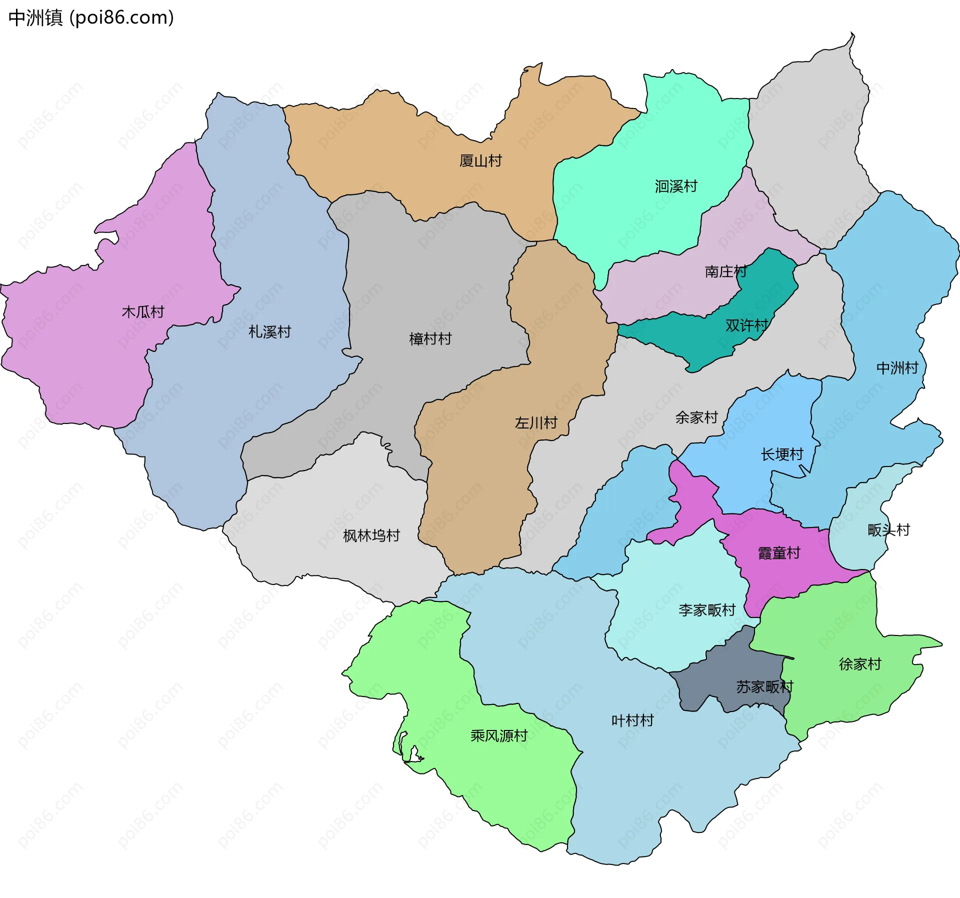 中洲镇边界地图(五级行政区划)