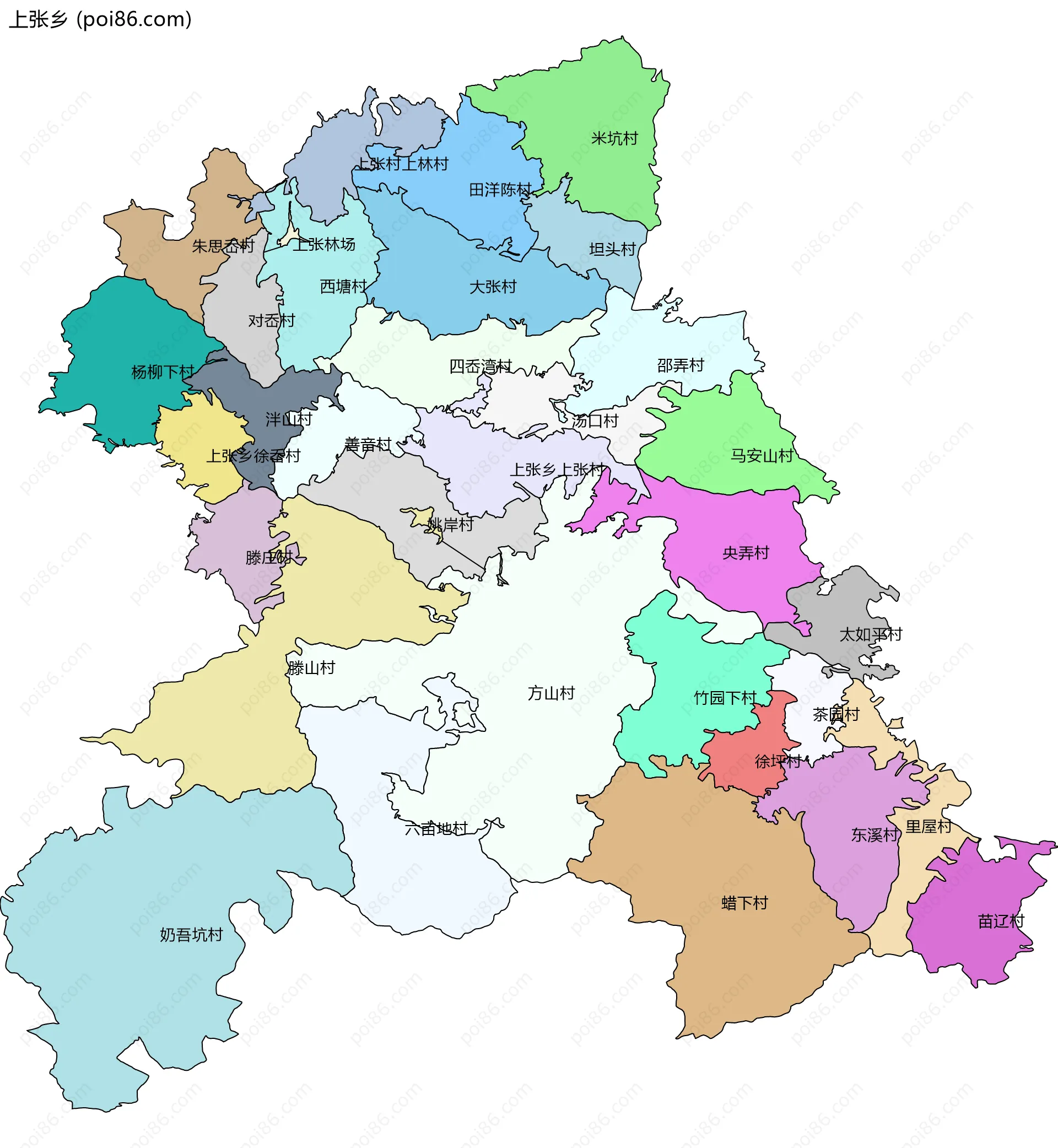 上张乡边界地图(五级行政区划)