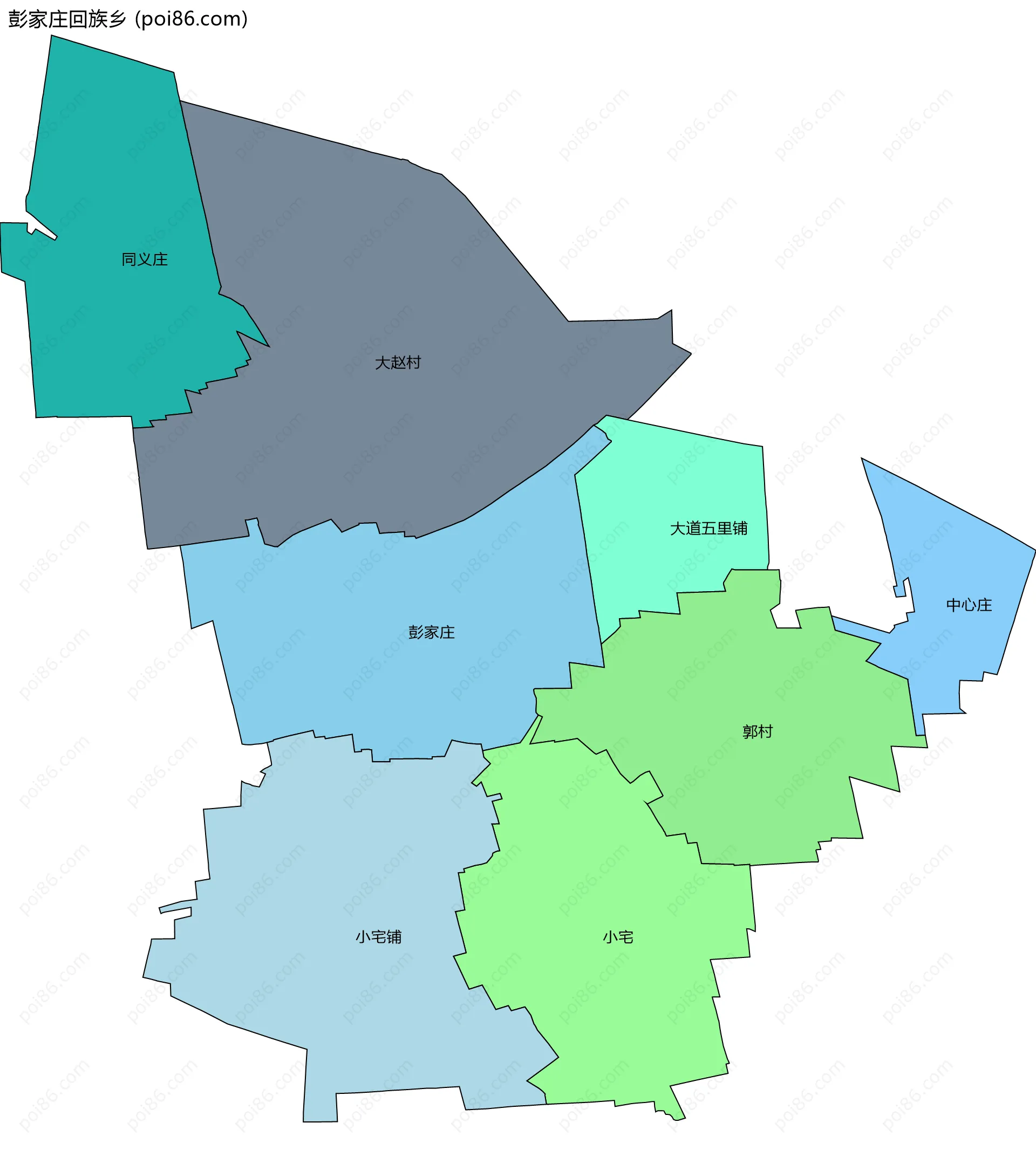 彭家庄回族乡边界地图(五级行政区划)