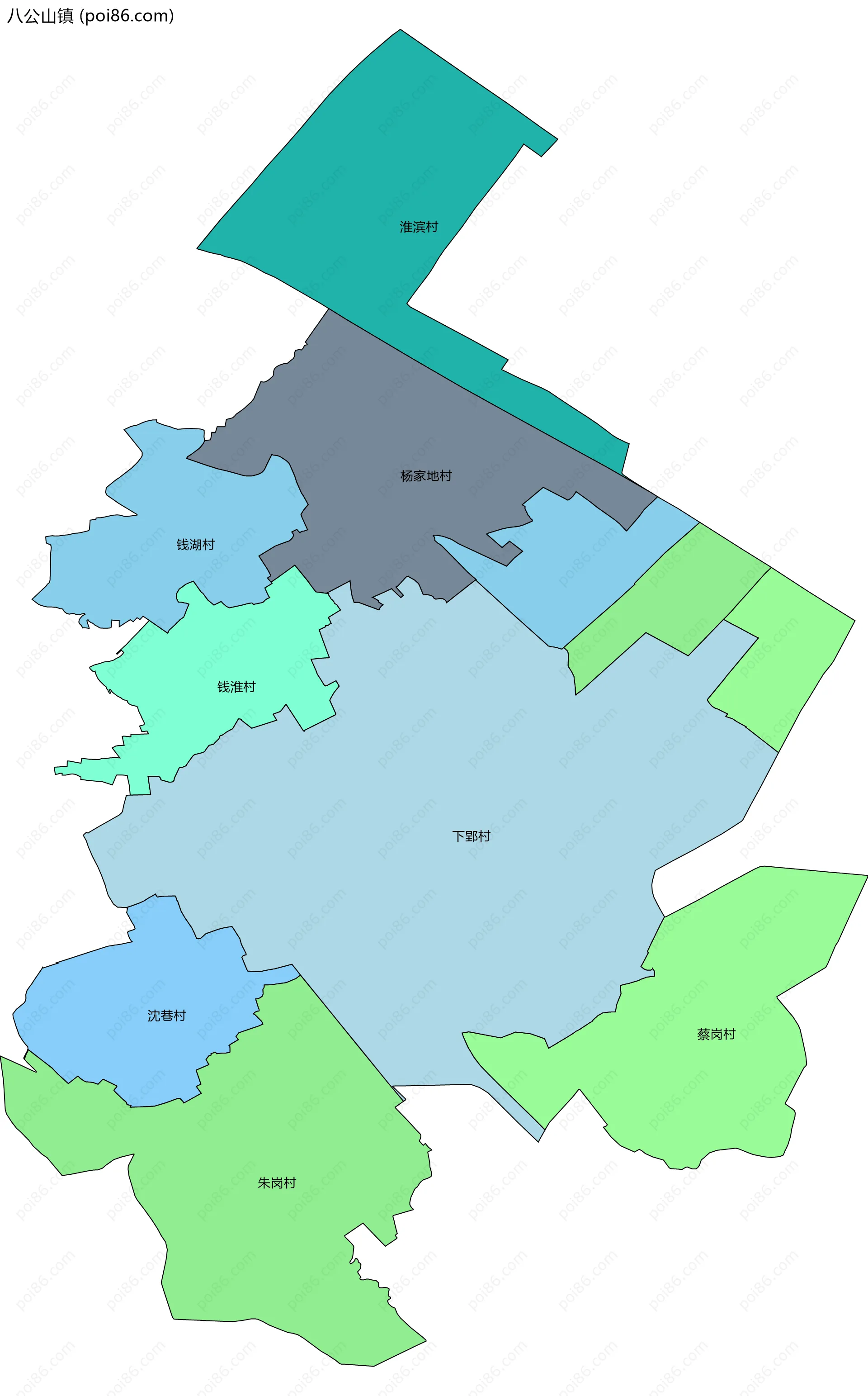 八公山镇边界地图(五级行政区划)