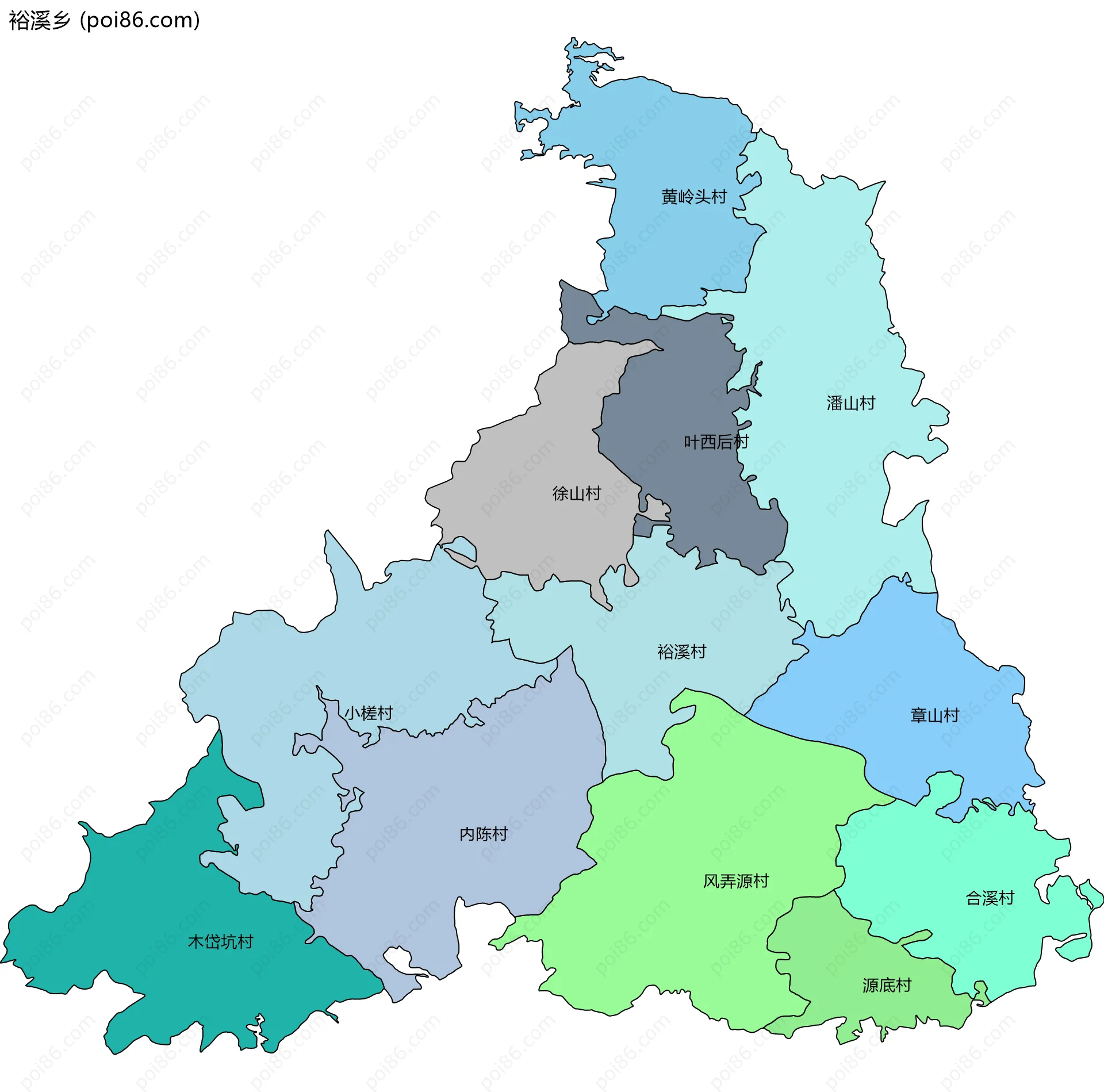 裕溪乡边界地图(五级行政区划)