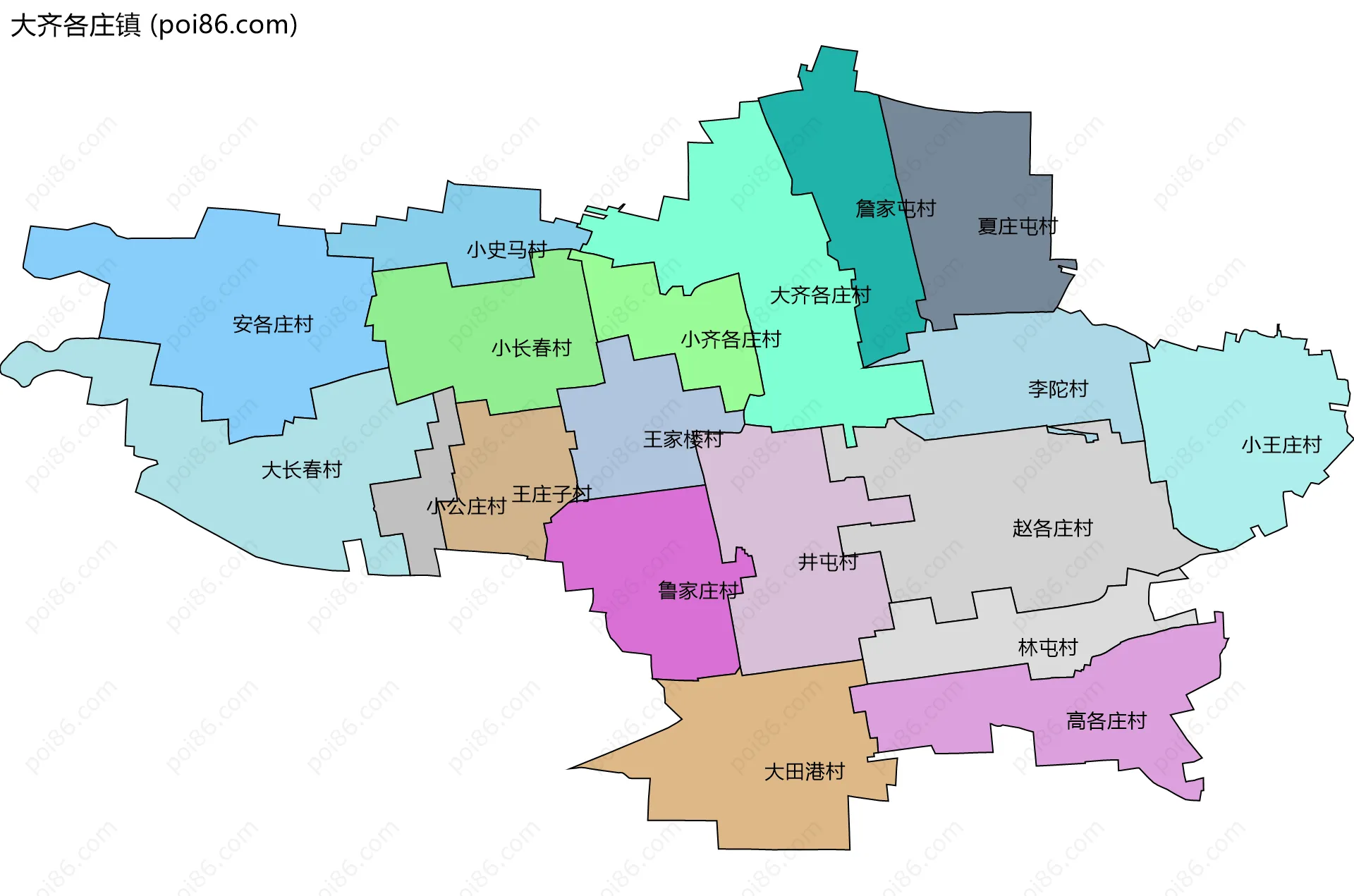 大齐各庄镇边界地图(五级行政区划)