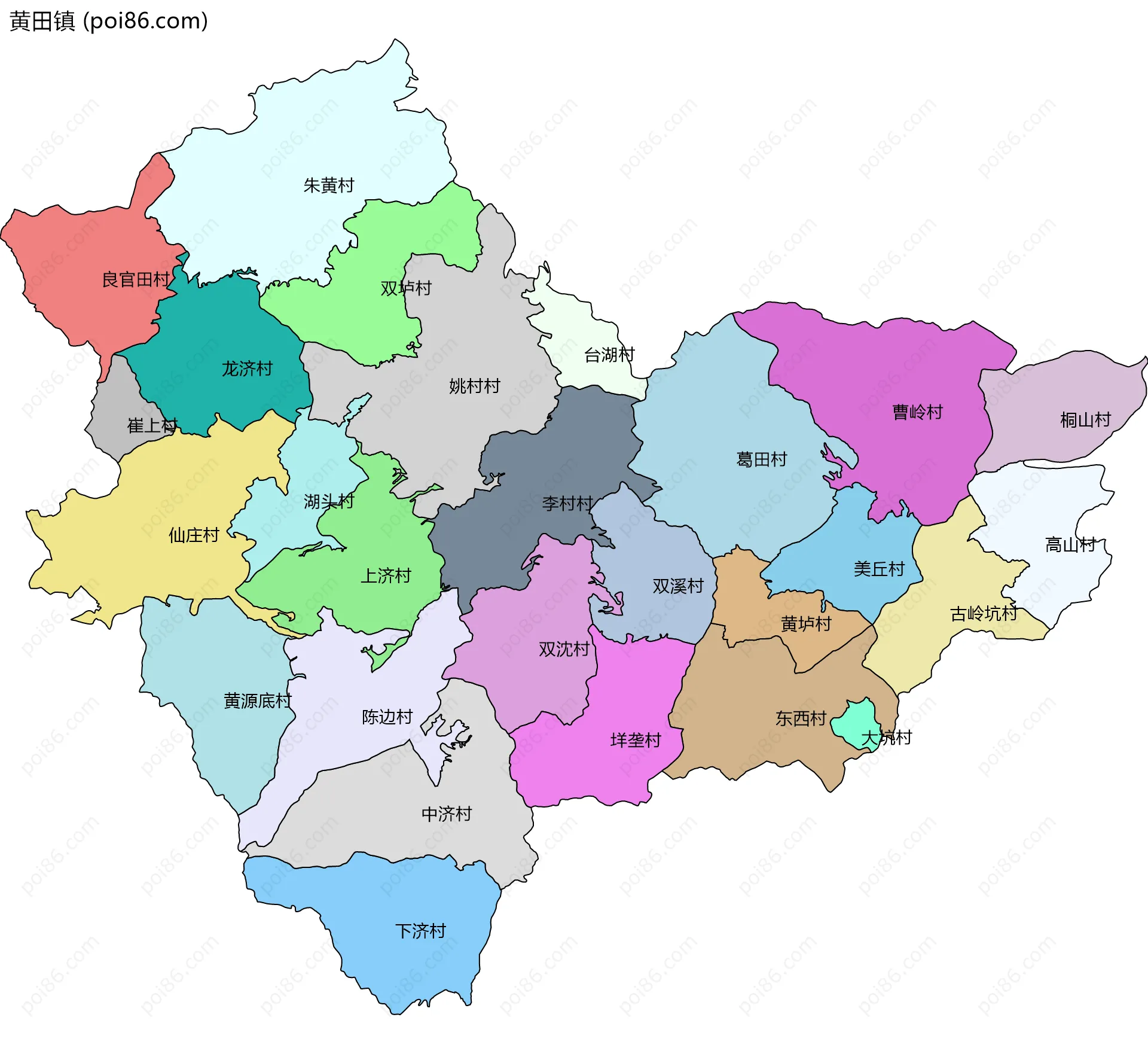 黄田镇边界地图(五级行政区划)