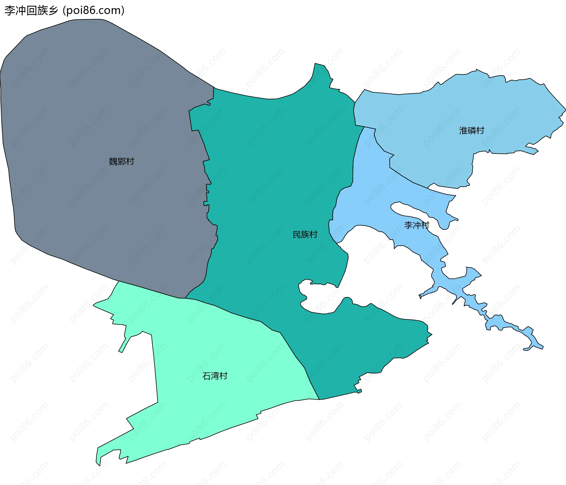 李冲回族乡边界地图(五级行政区划)