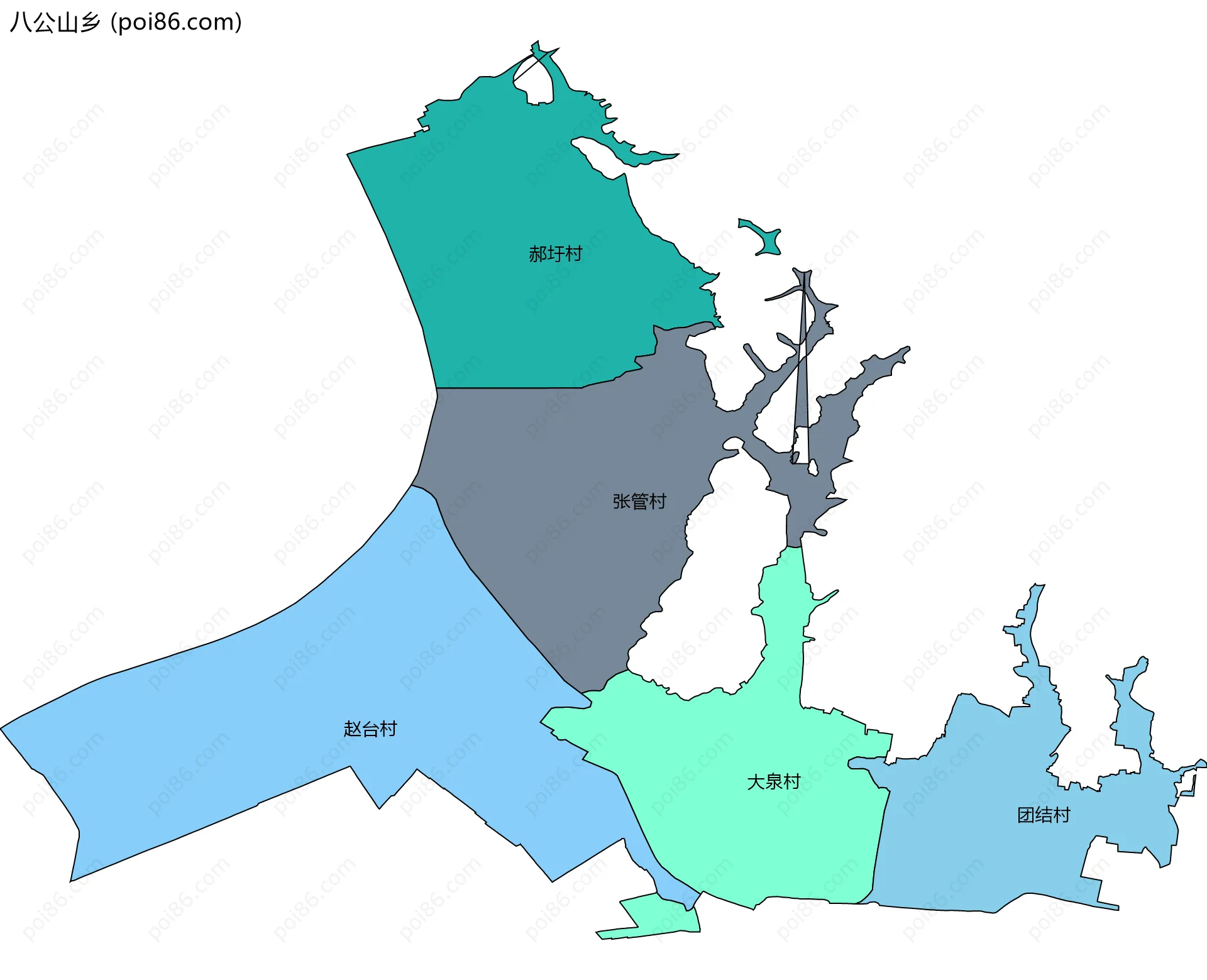八公山乡边界地图(五级行政区划)