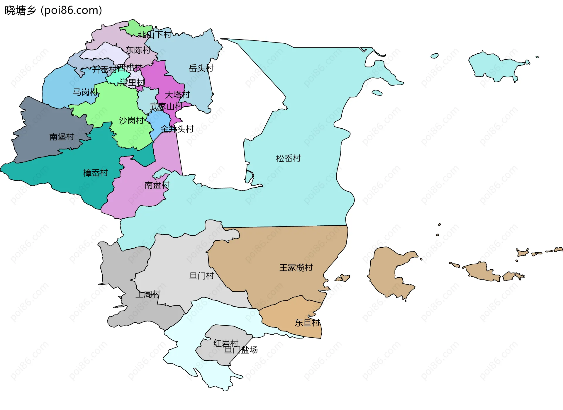 晓塘乡边界地图(五级行政区划)