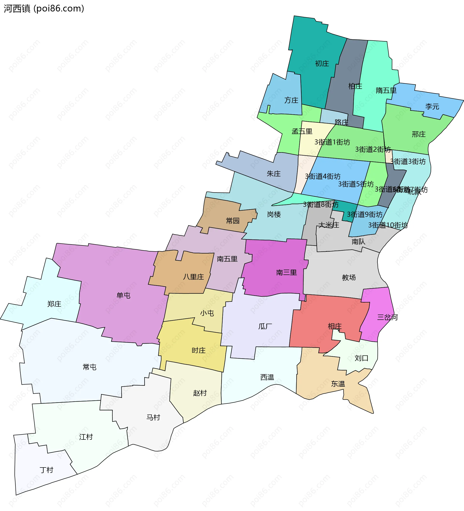 河西镇边界地图(五级行政区划)