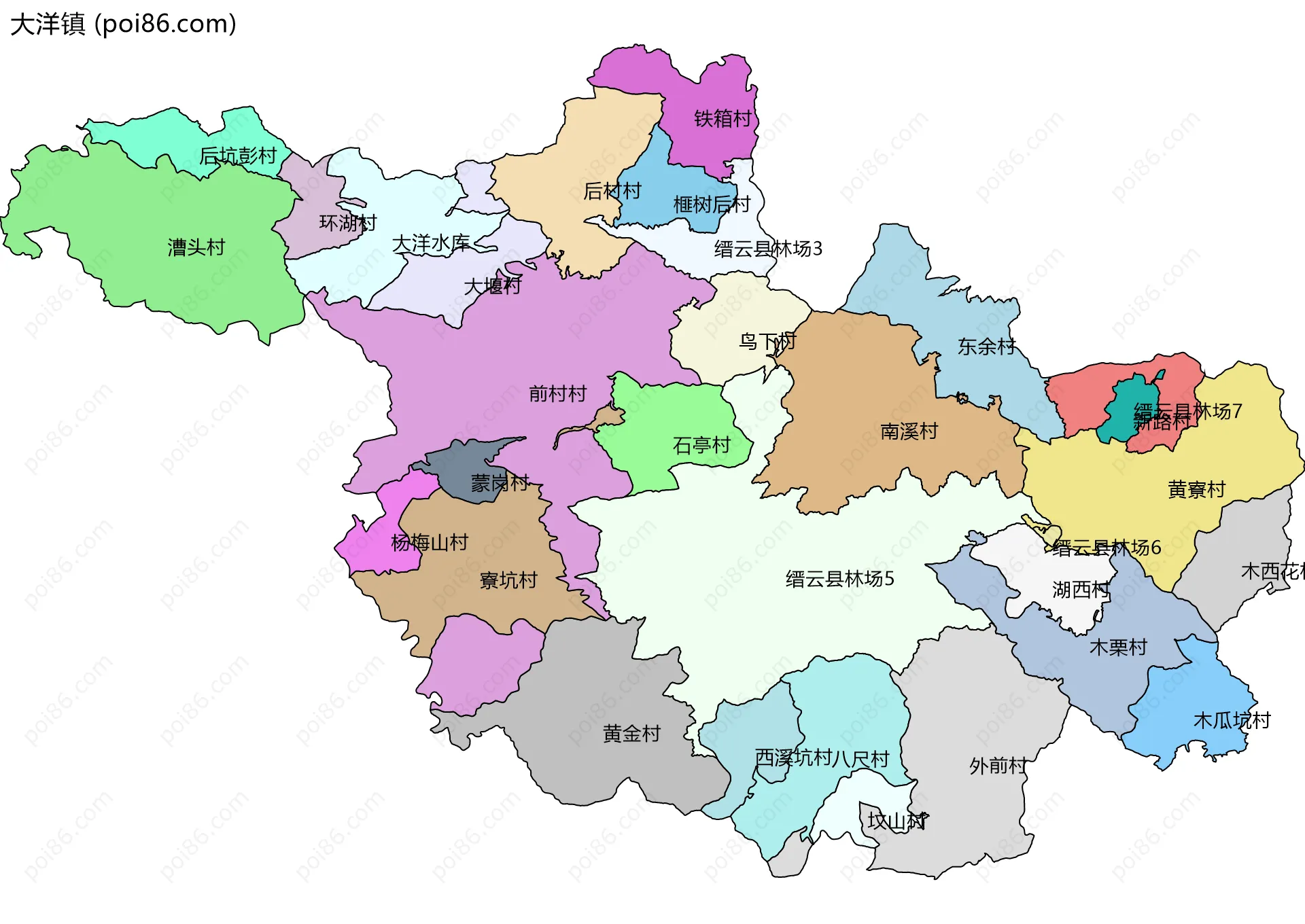 大洋镇边界地图(五级行政区划)