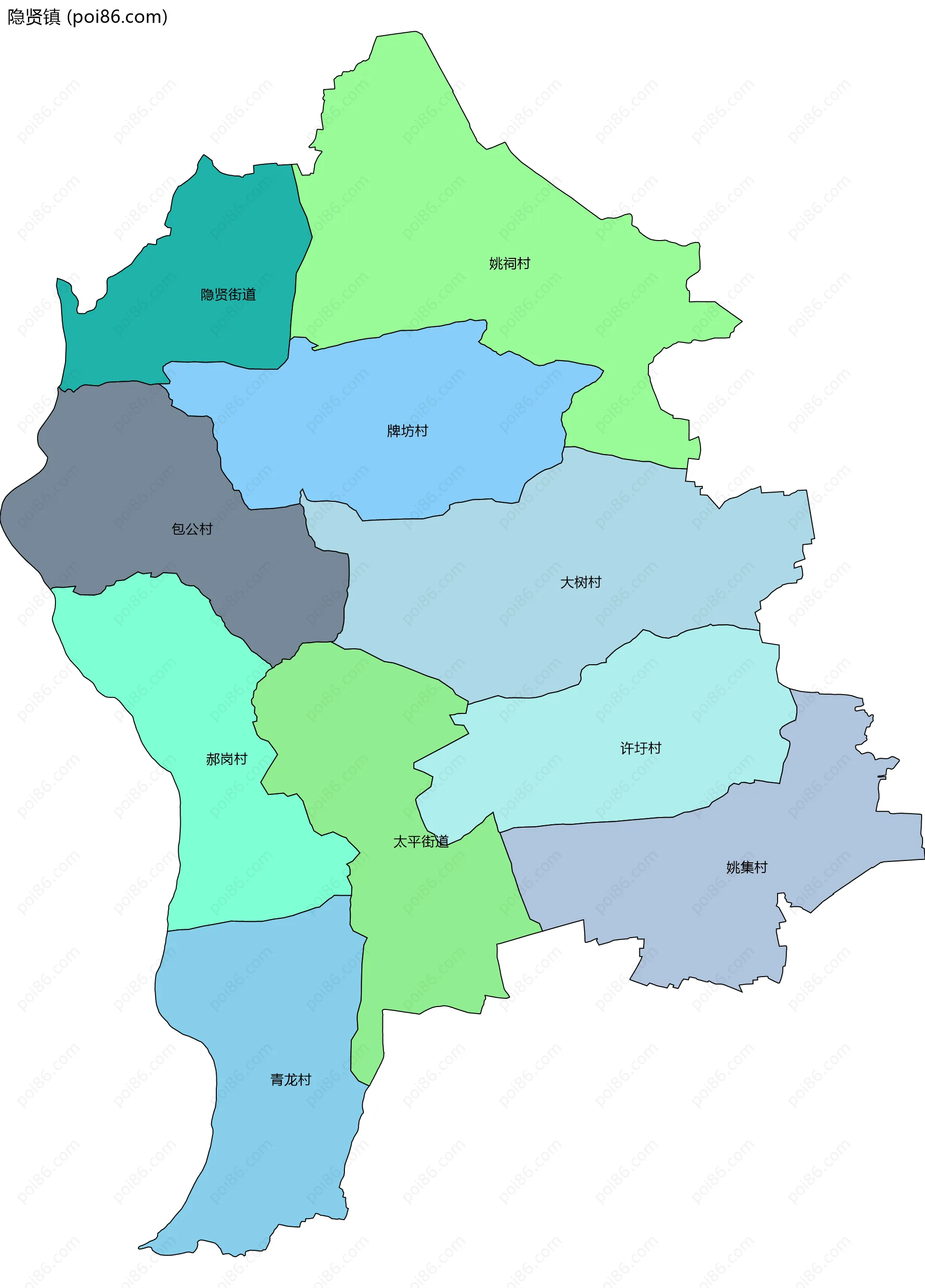 隐贤镇边界地图(五级行政区划)