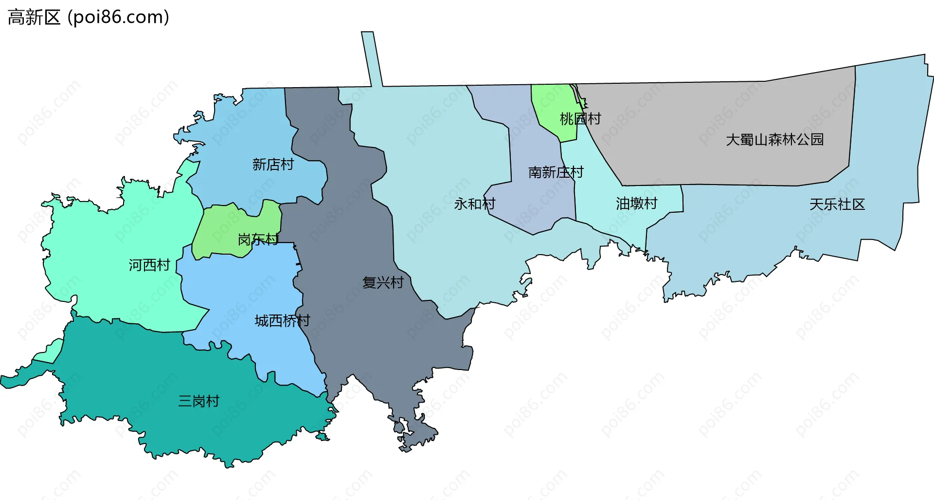 高新区边界地图(五级行政区划)