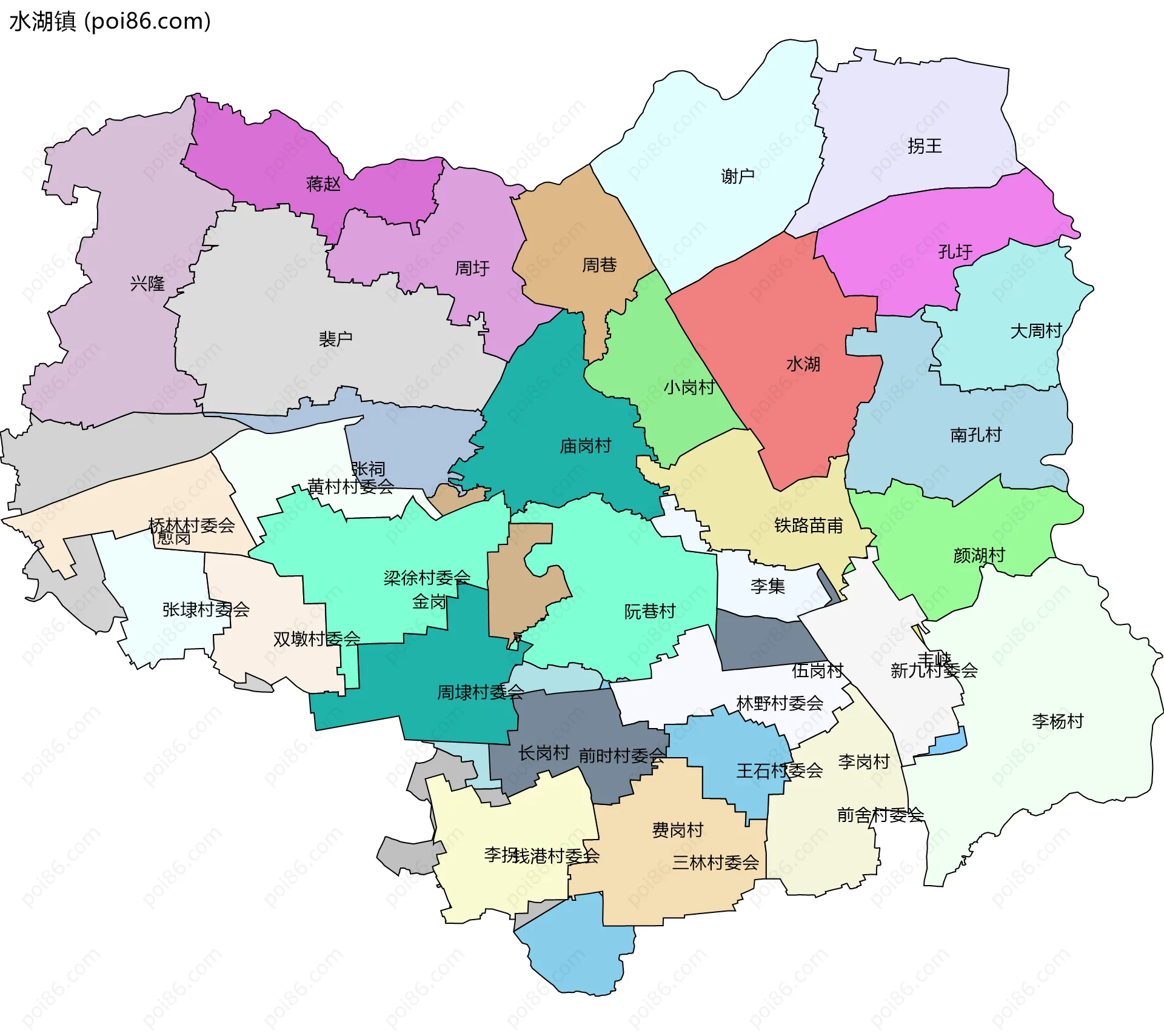水湖镇边界地图(五级行政区划)