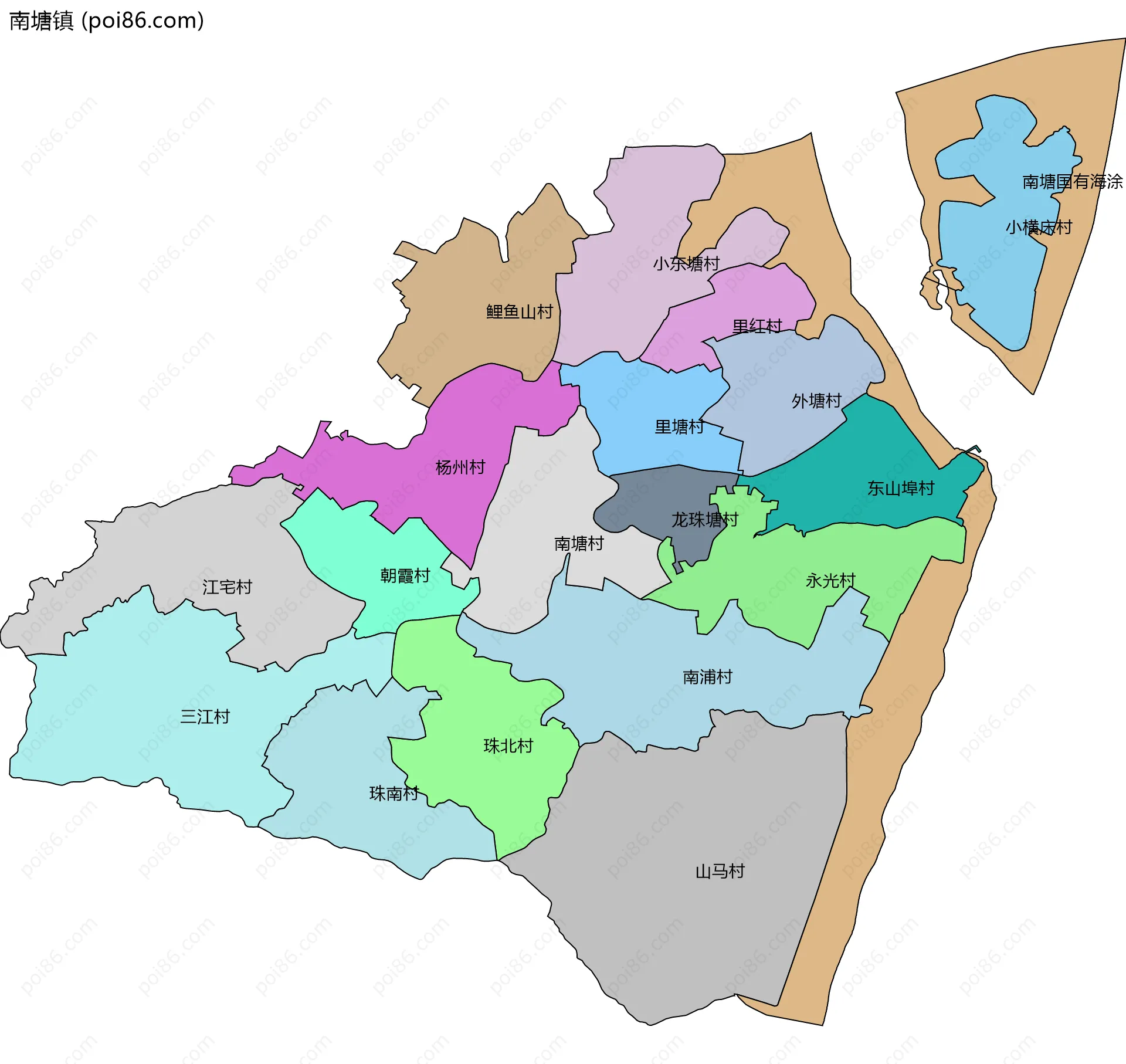 南塘镇边界地图(五级行政区划)
