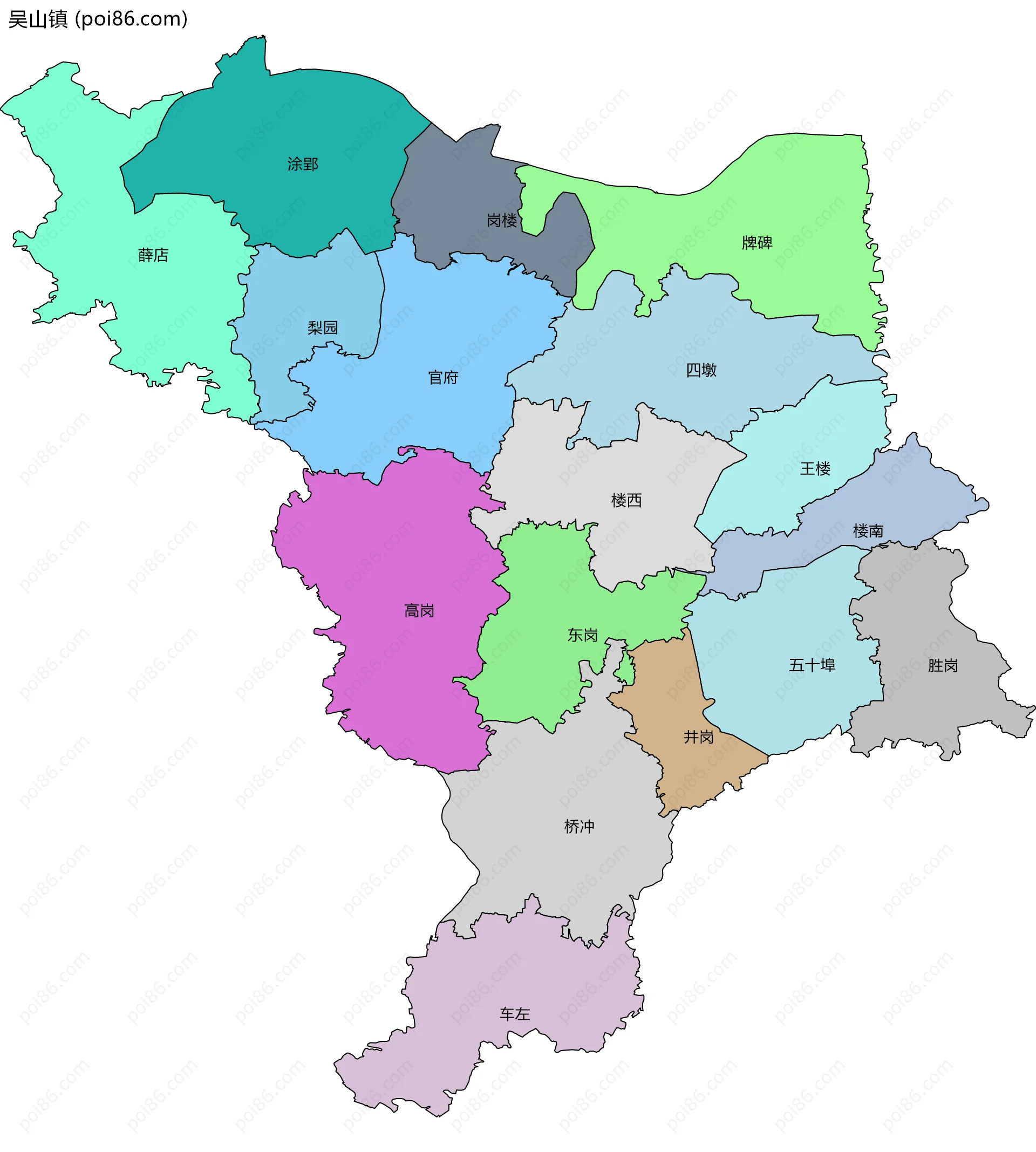 吴山镇边界地图(五级行政区划)