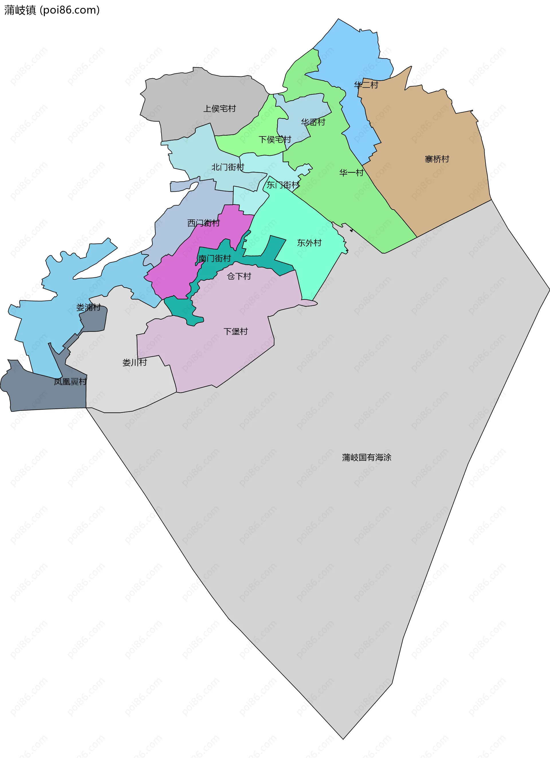 蒲岐镇边界地图(五级行政区划)