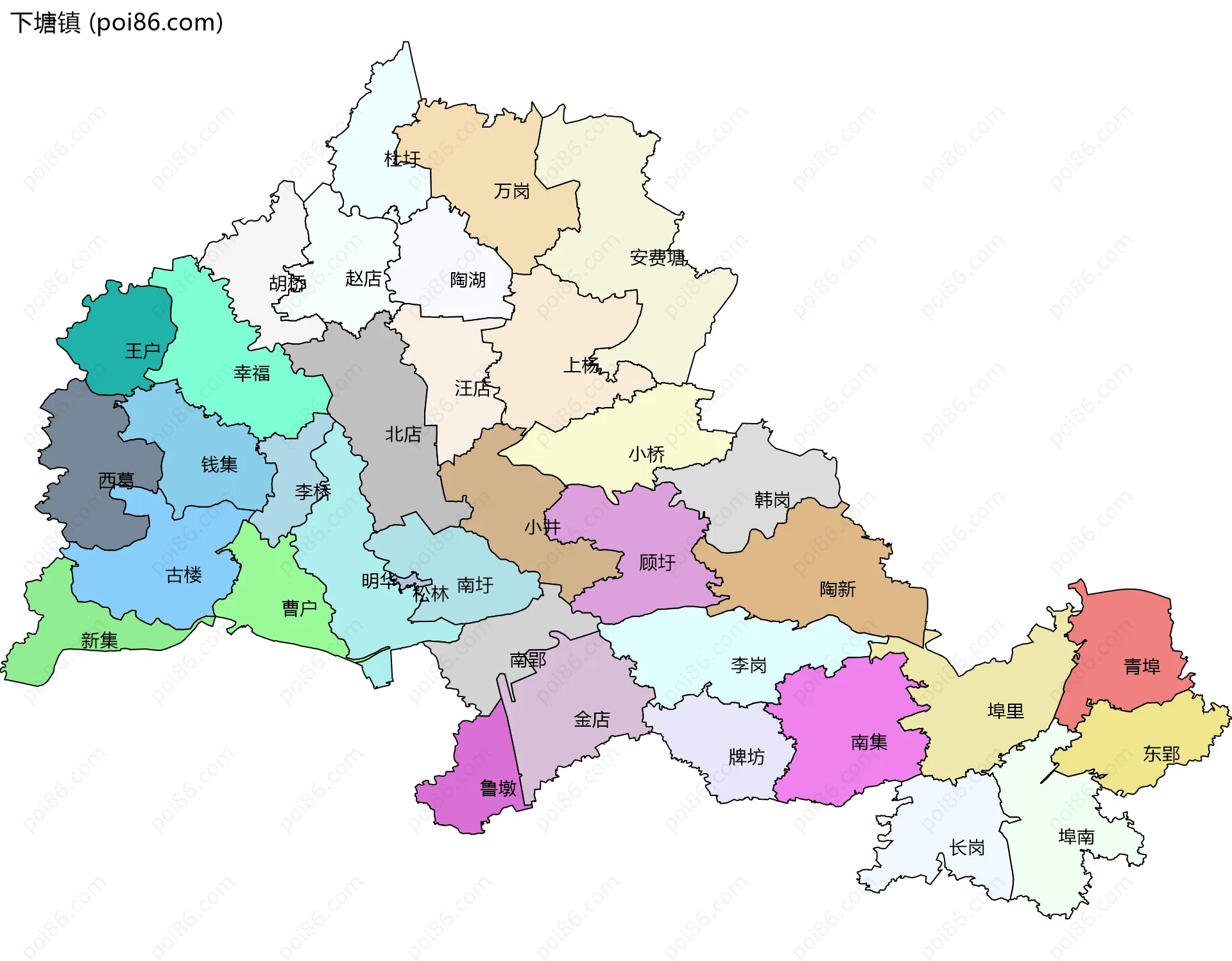 下塘镇边界地图(五级行政区划)