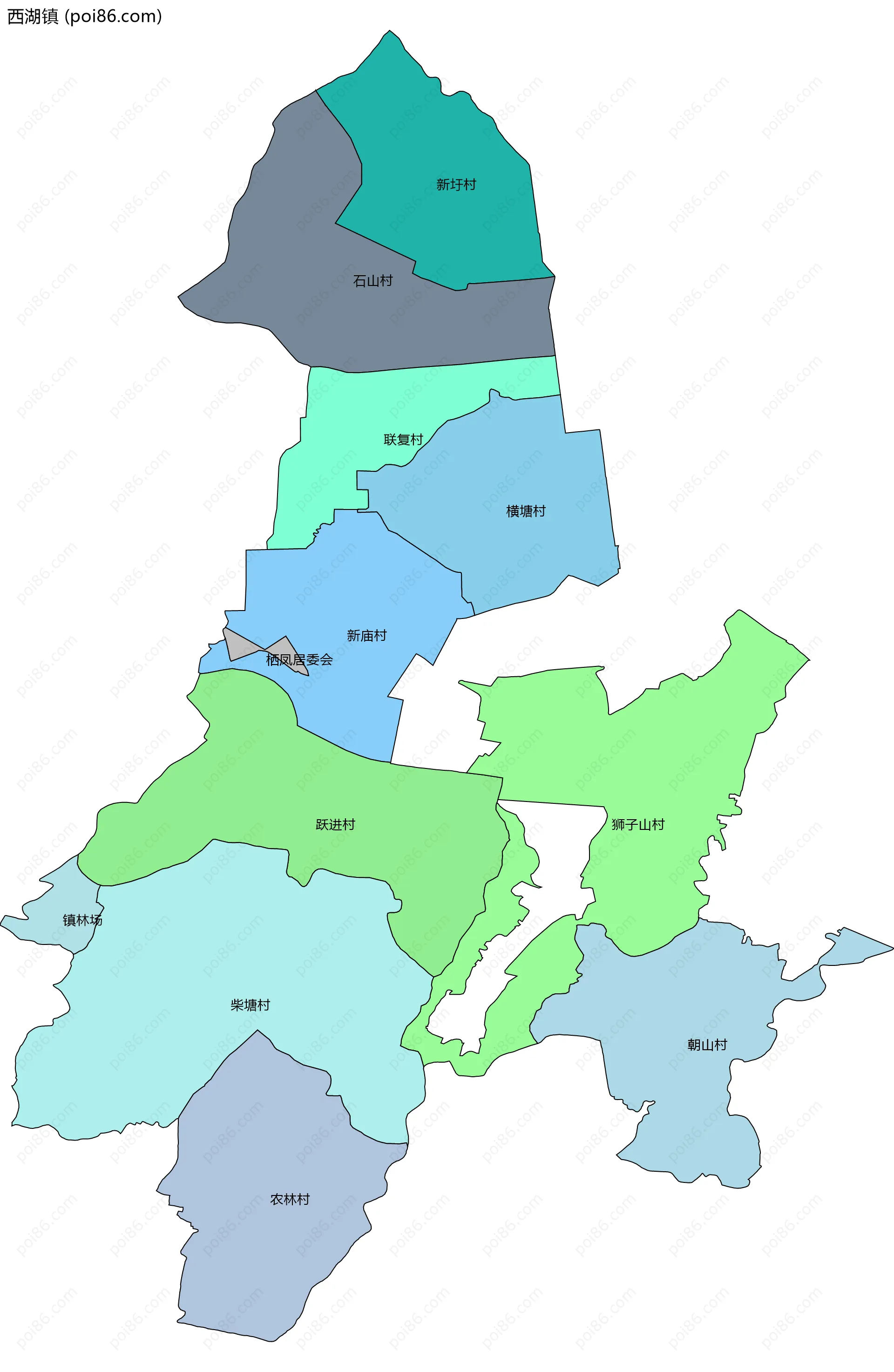 西湖镇边界地图(五级行政区划)