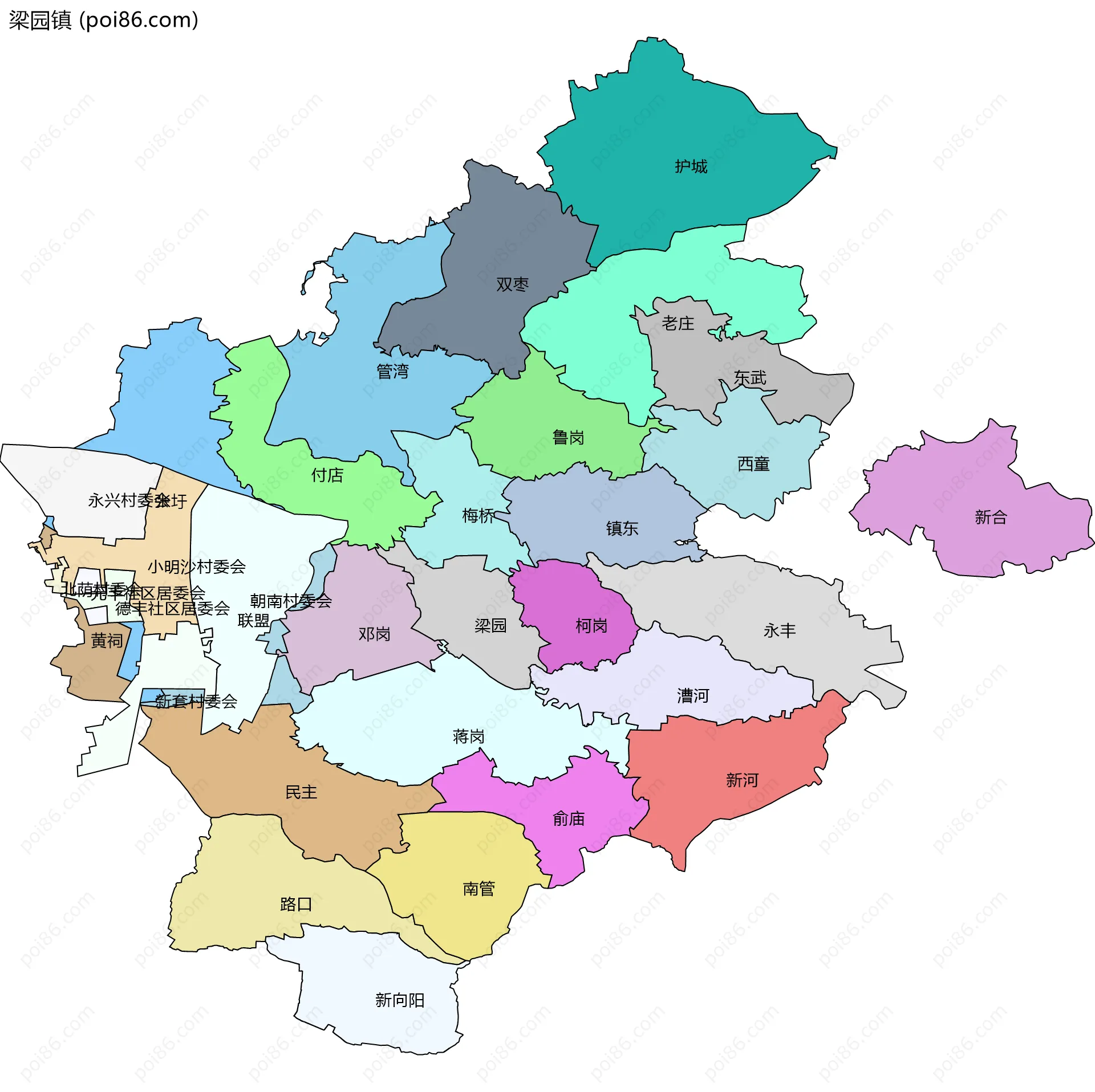 梁园镇边界地图(五级行政区划)