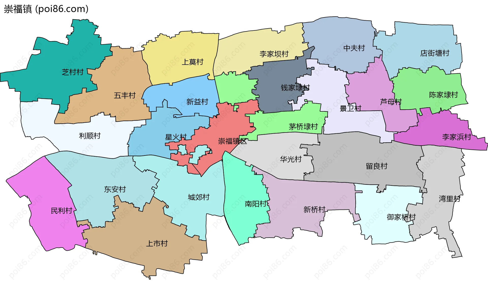 崇福镇边界地图(五级行政区划)