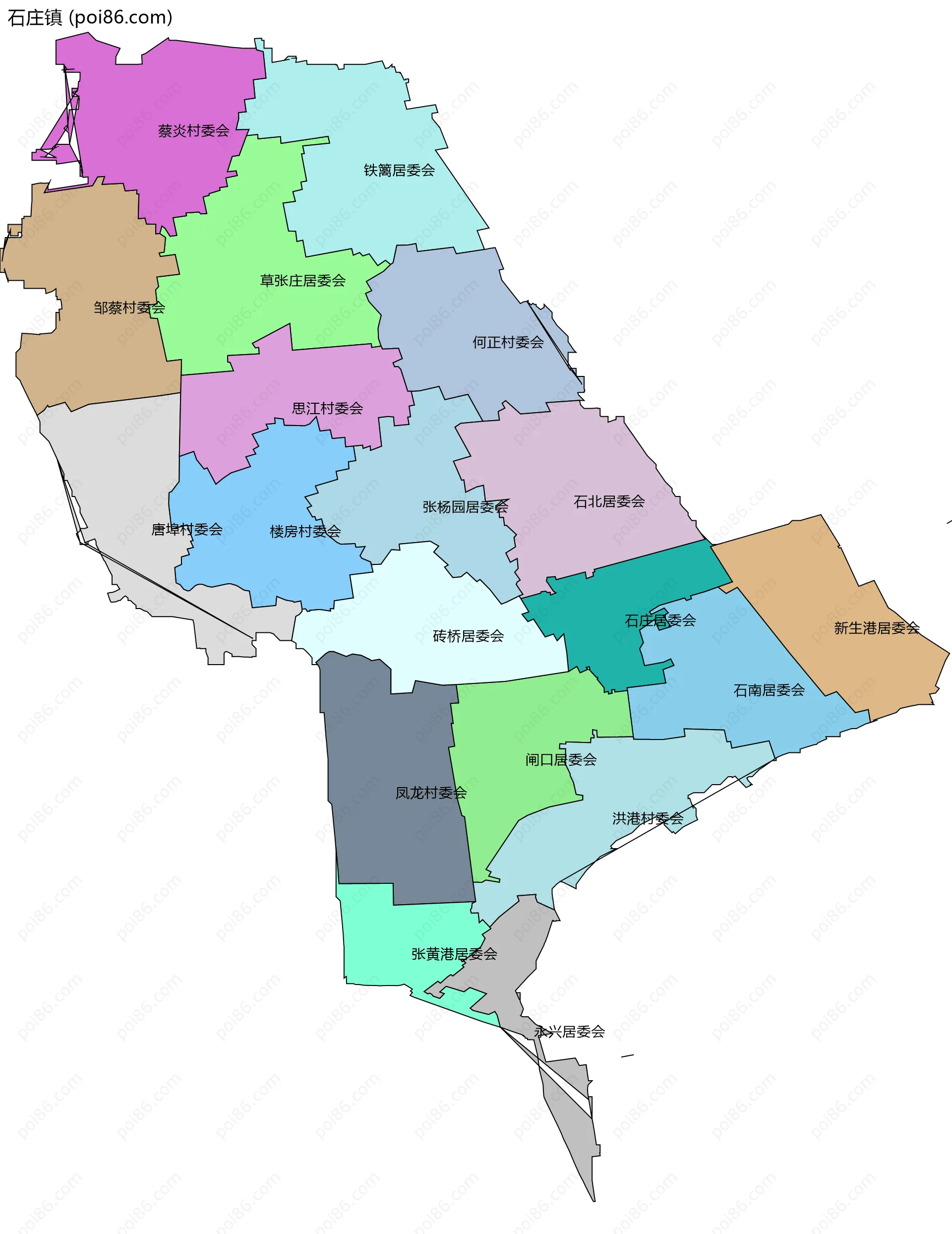 石庄镇边界地图(五级行政区划)