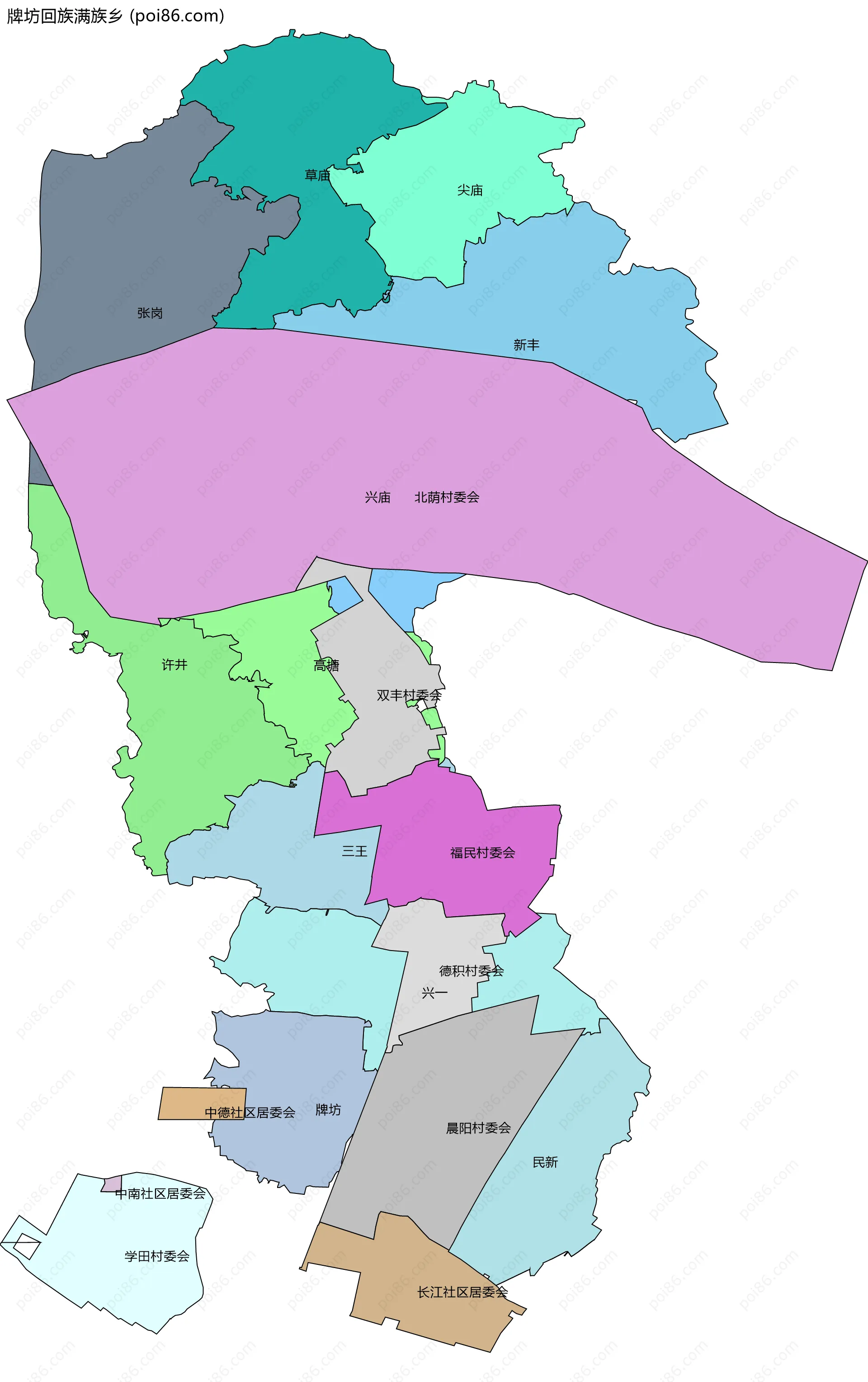 牌坊回族满族乡边界地图(五级行政区划)