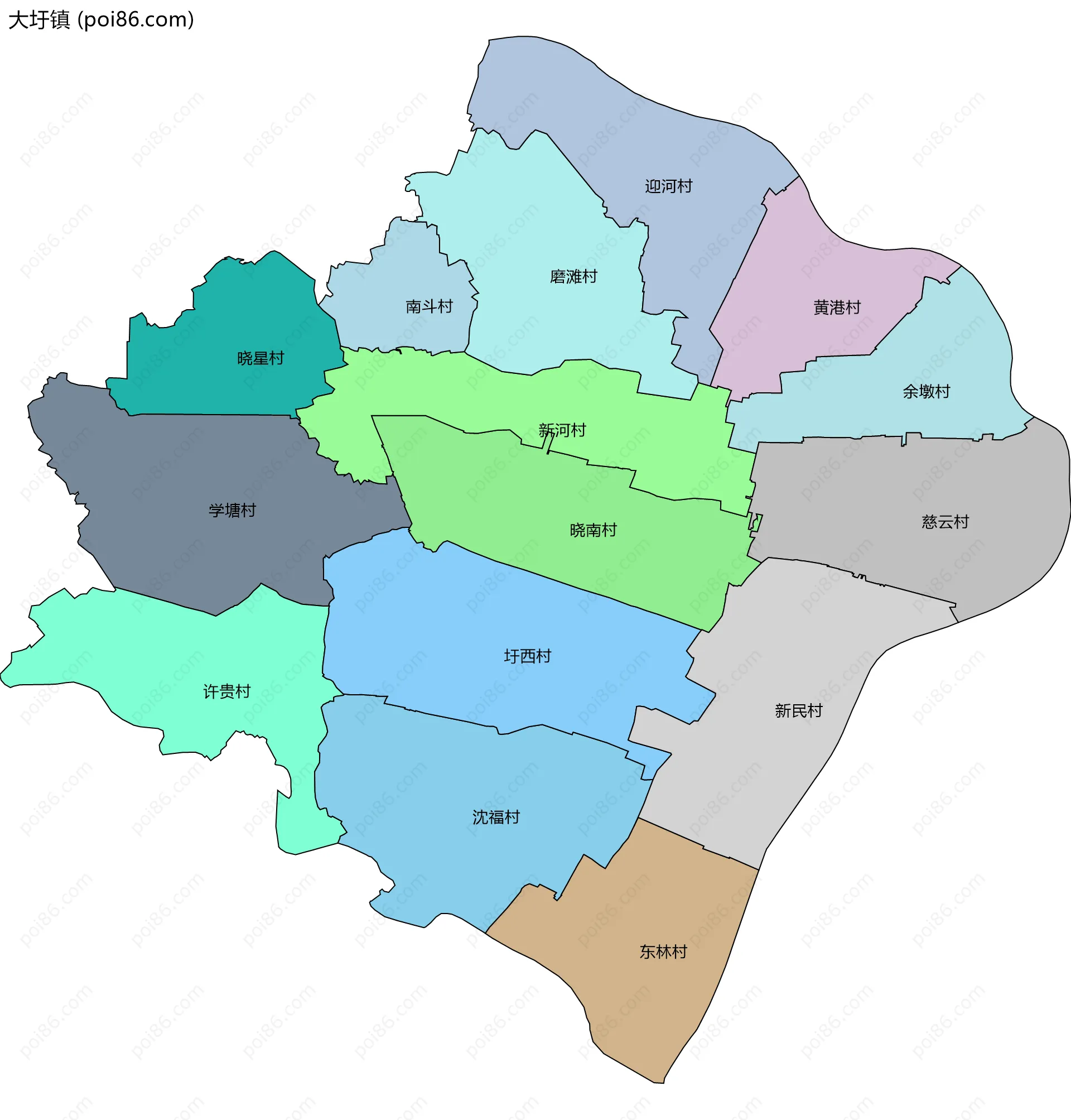 大圩镇边界地图(五级行政区划)