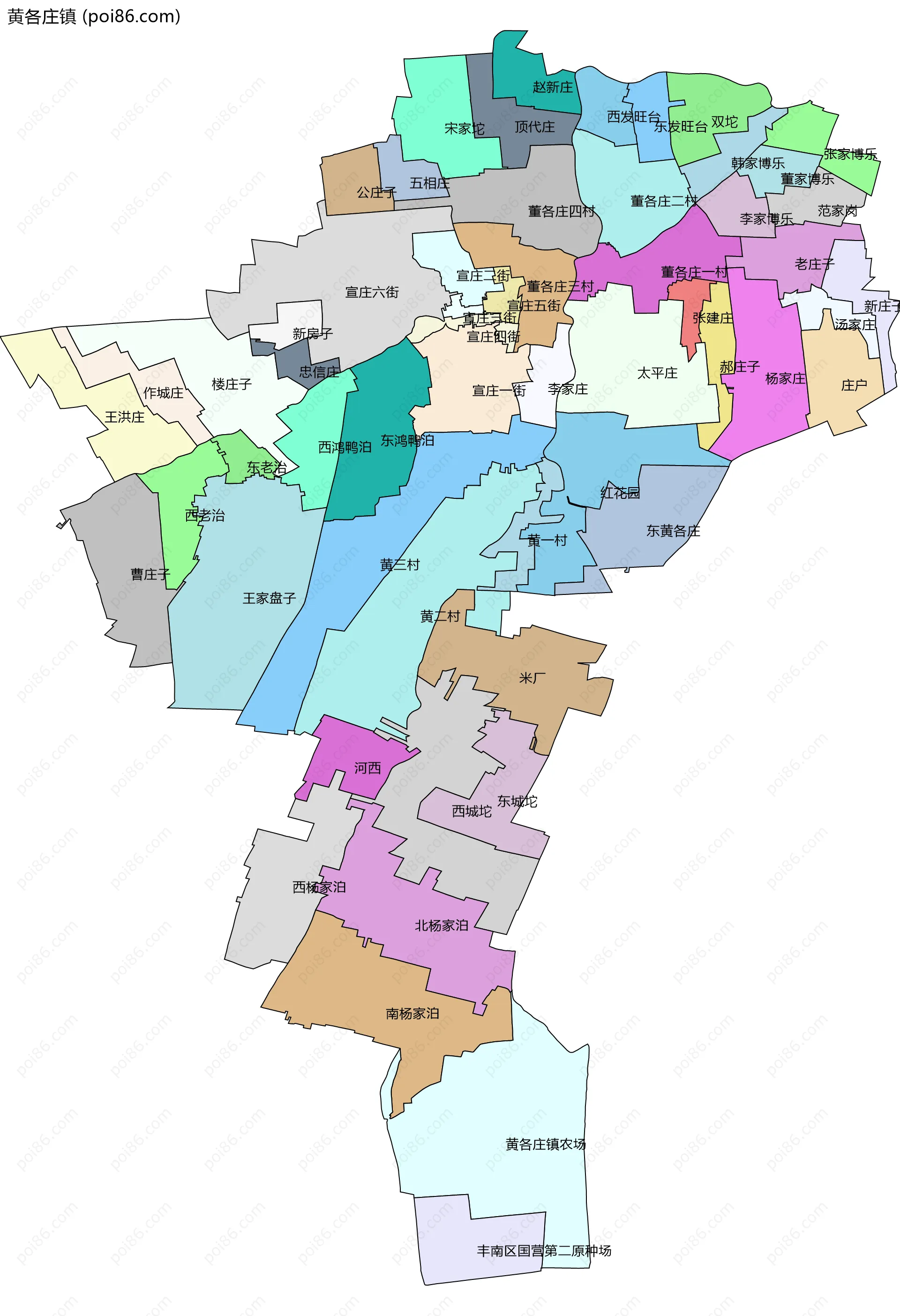 黄各庄镇边界地图(五级行政区划)