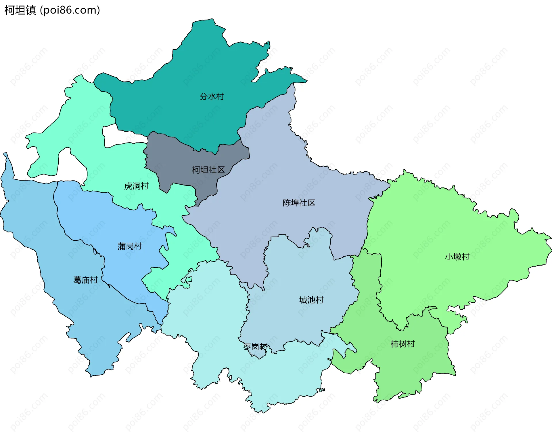 柯坦镇边界地图(五级行政区划)