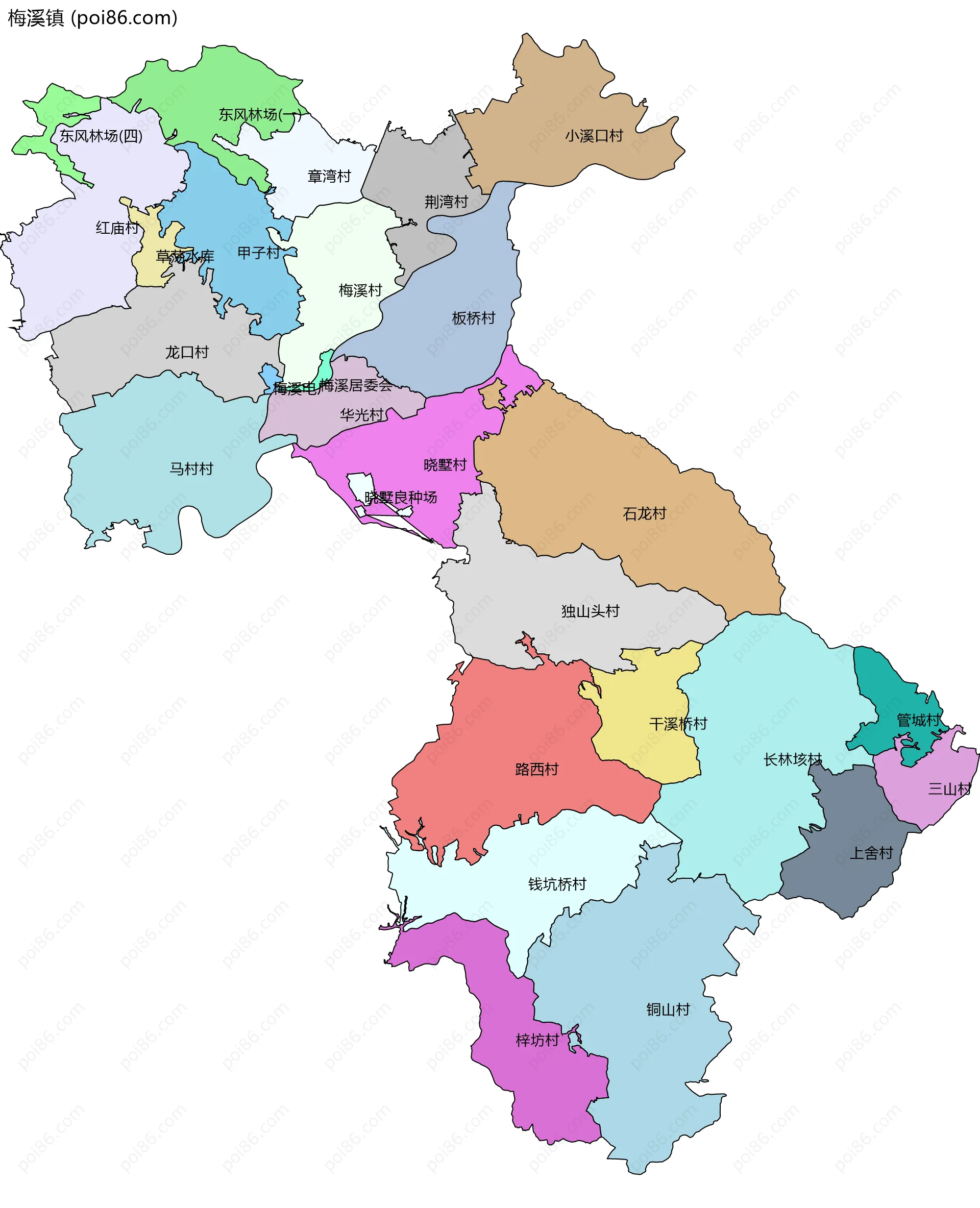 梅溪镇边界地图(五级行政区划)