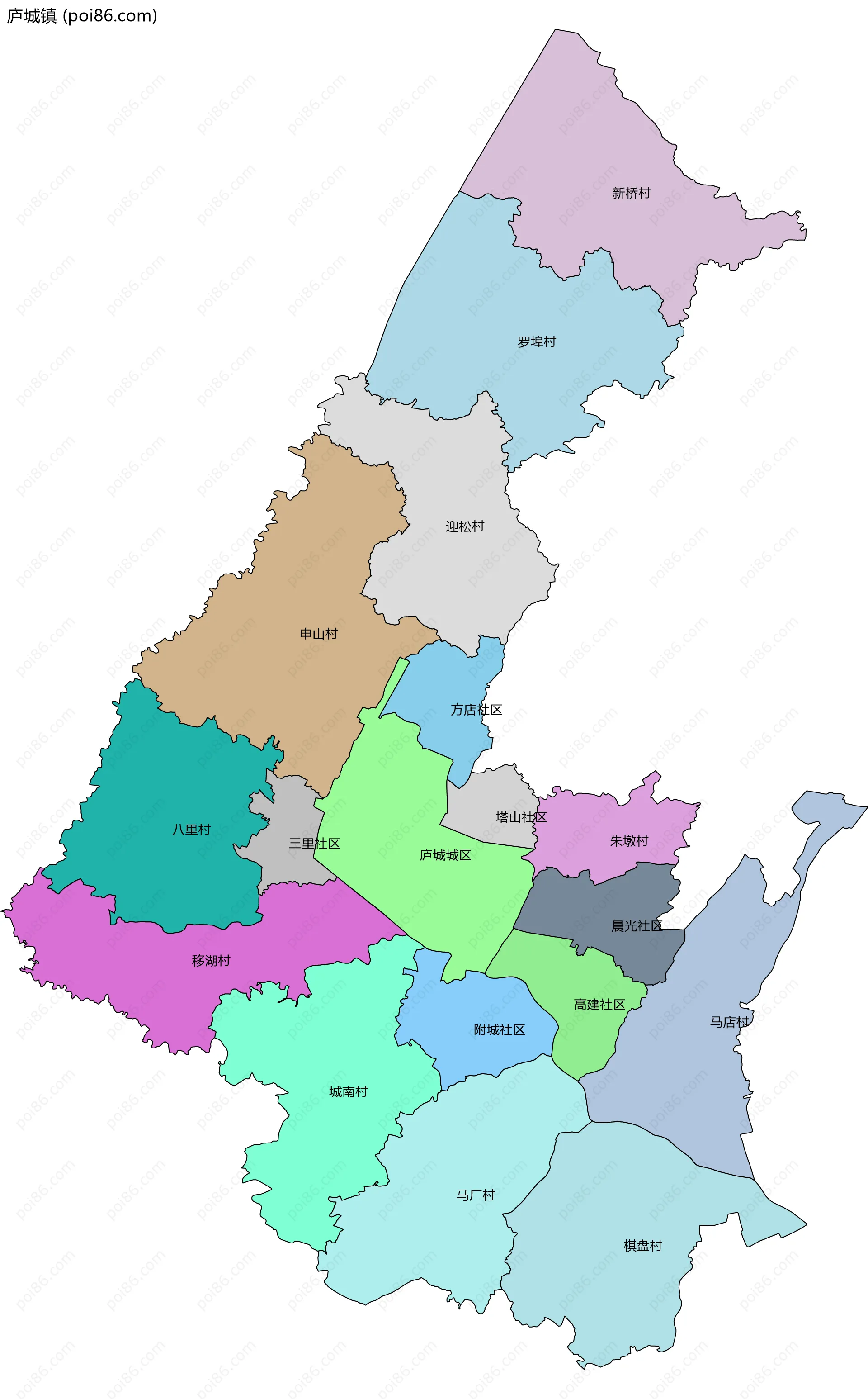 庐城镇边界地图(五级行政区划)