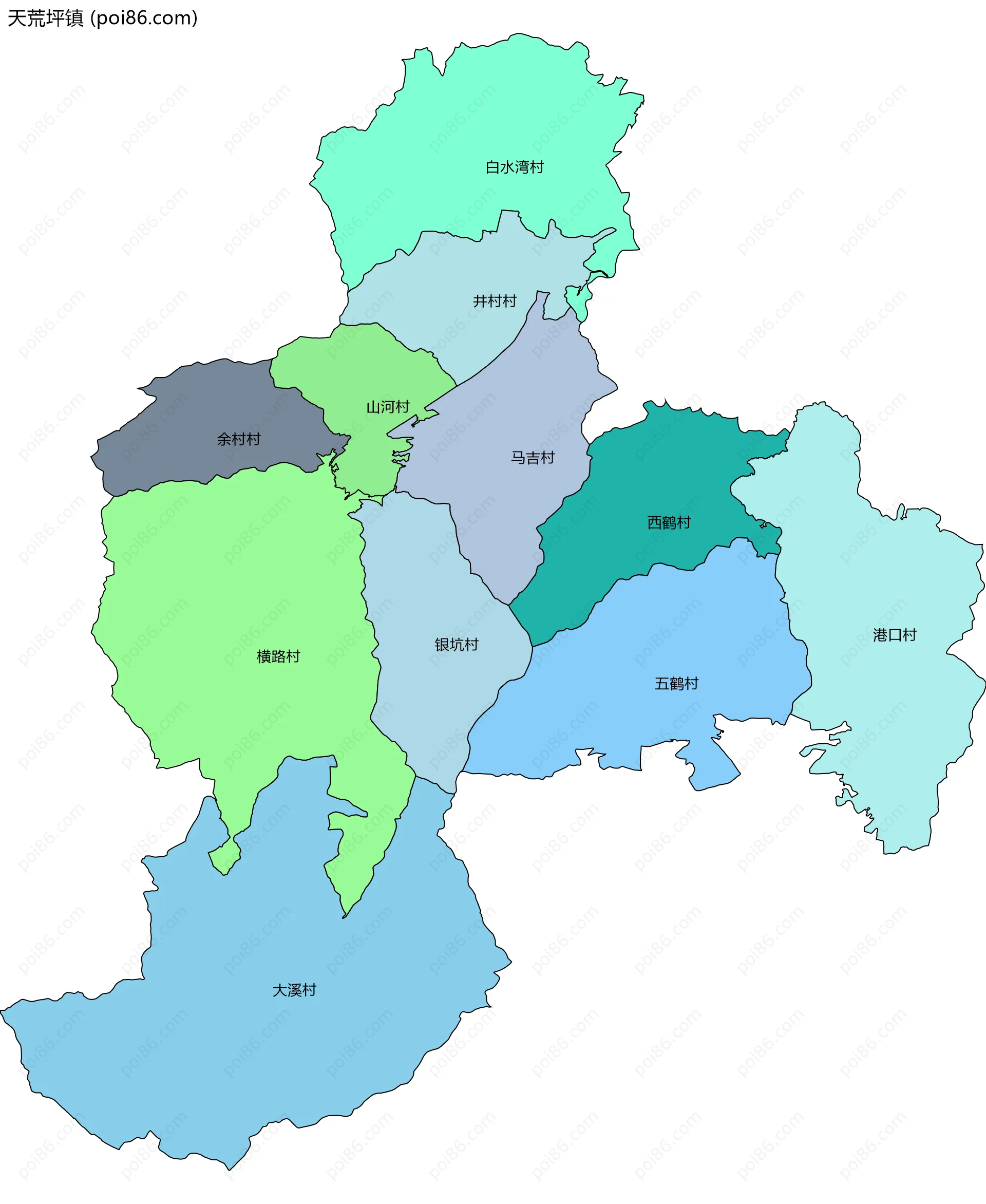 天荒坪镇边界地图(五级行政区划)