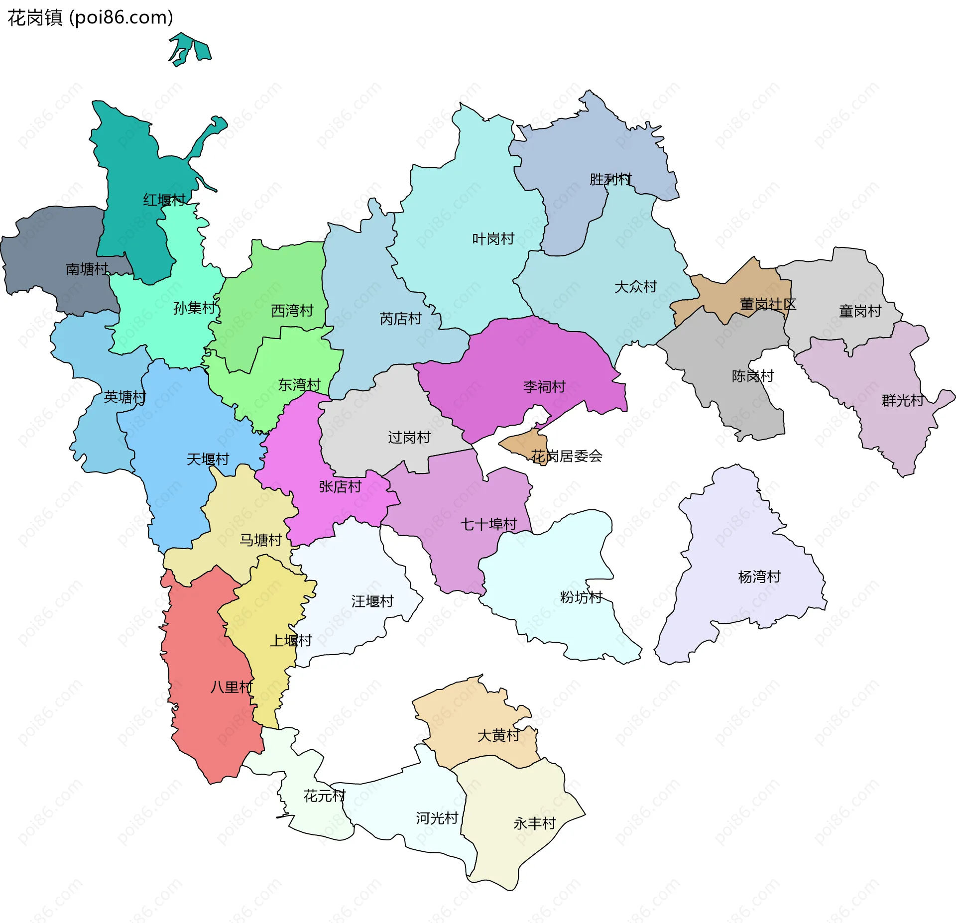 花岗镇边界地图(五级行政区划)