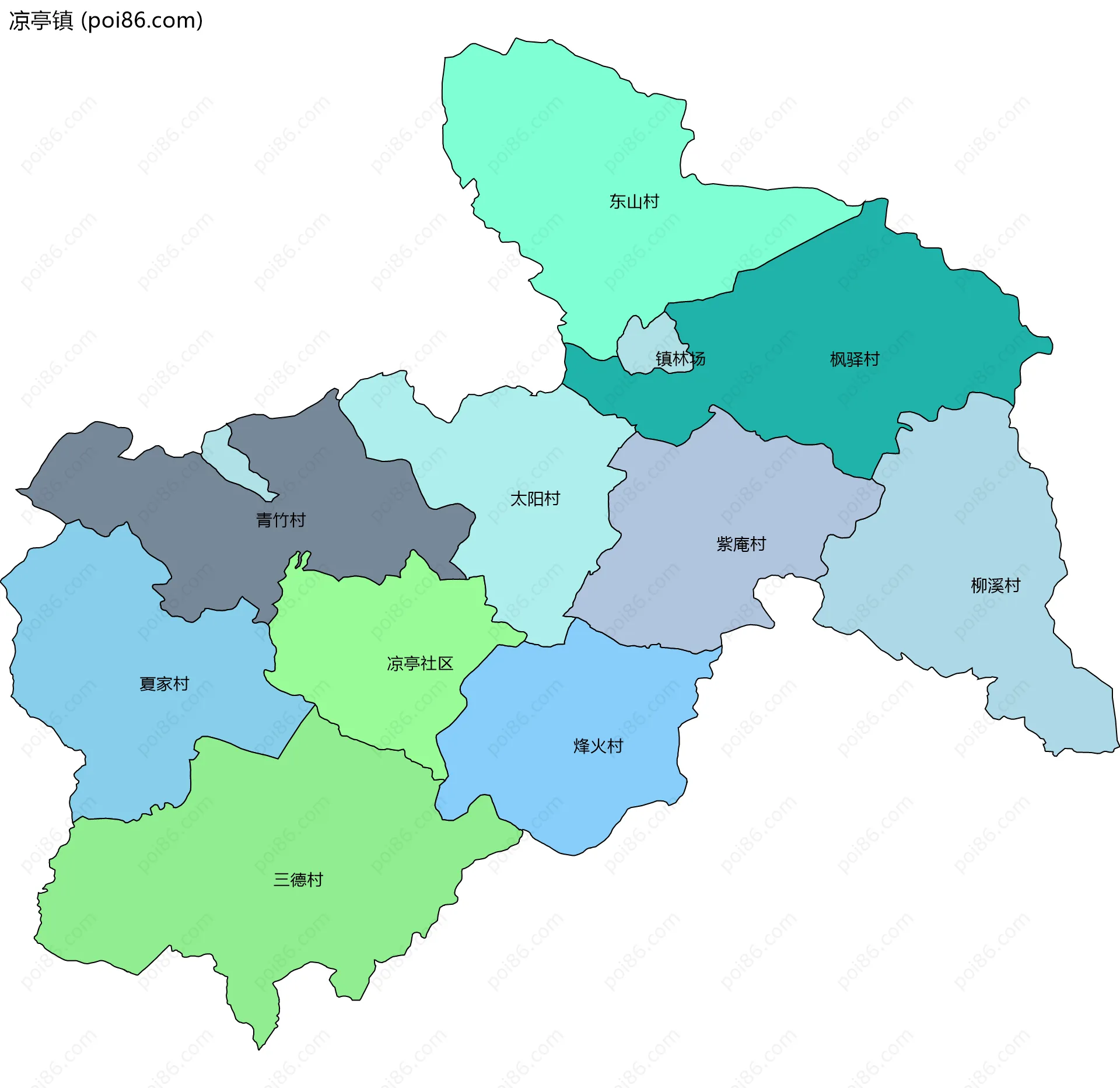 凉亭镇边界地图(五级行政区划)