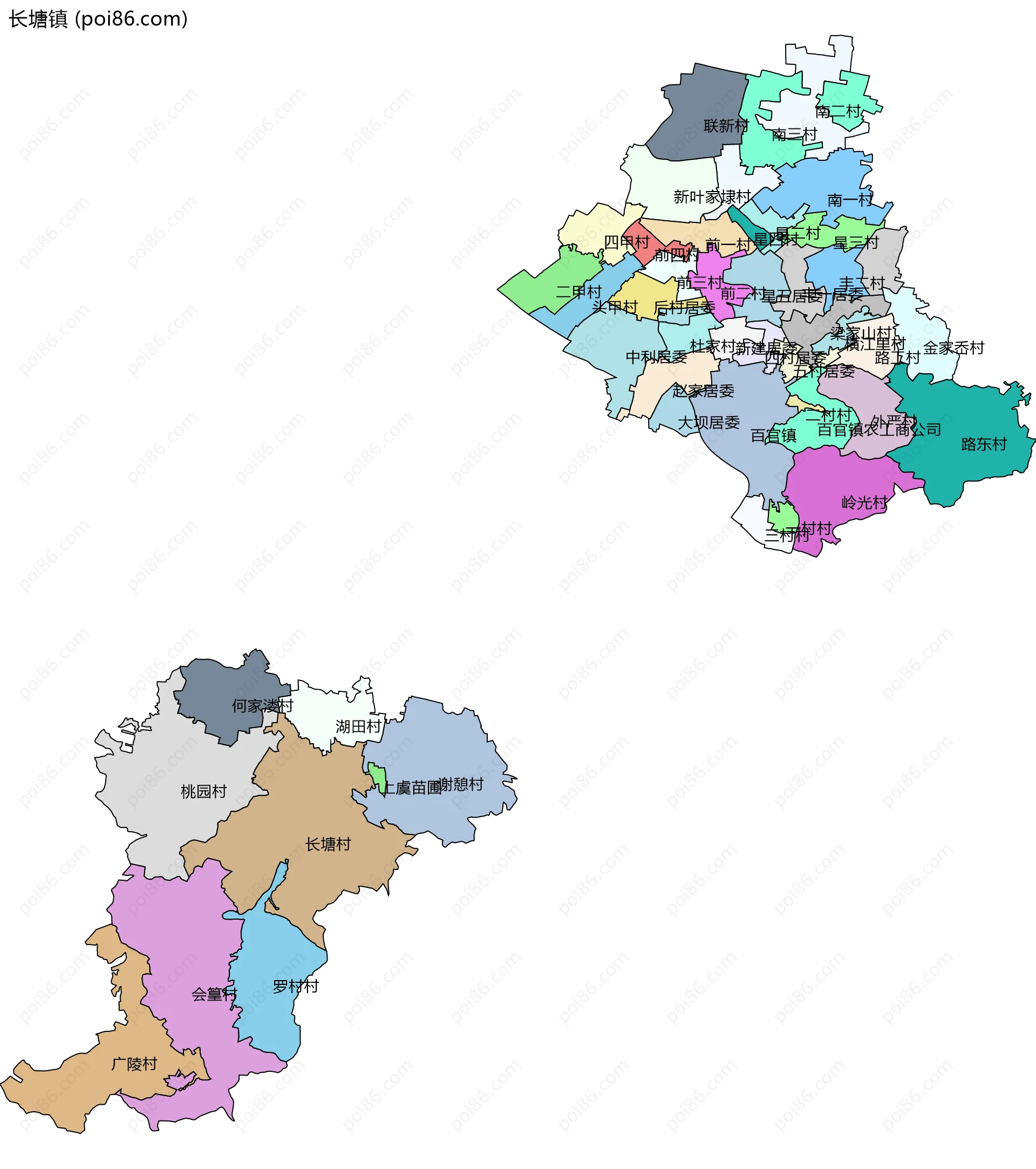 长塘镇边界地图(五级行政区划)