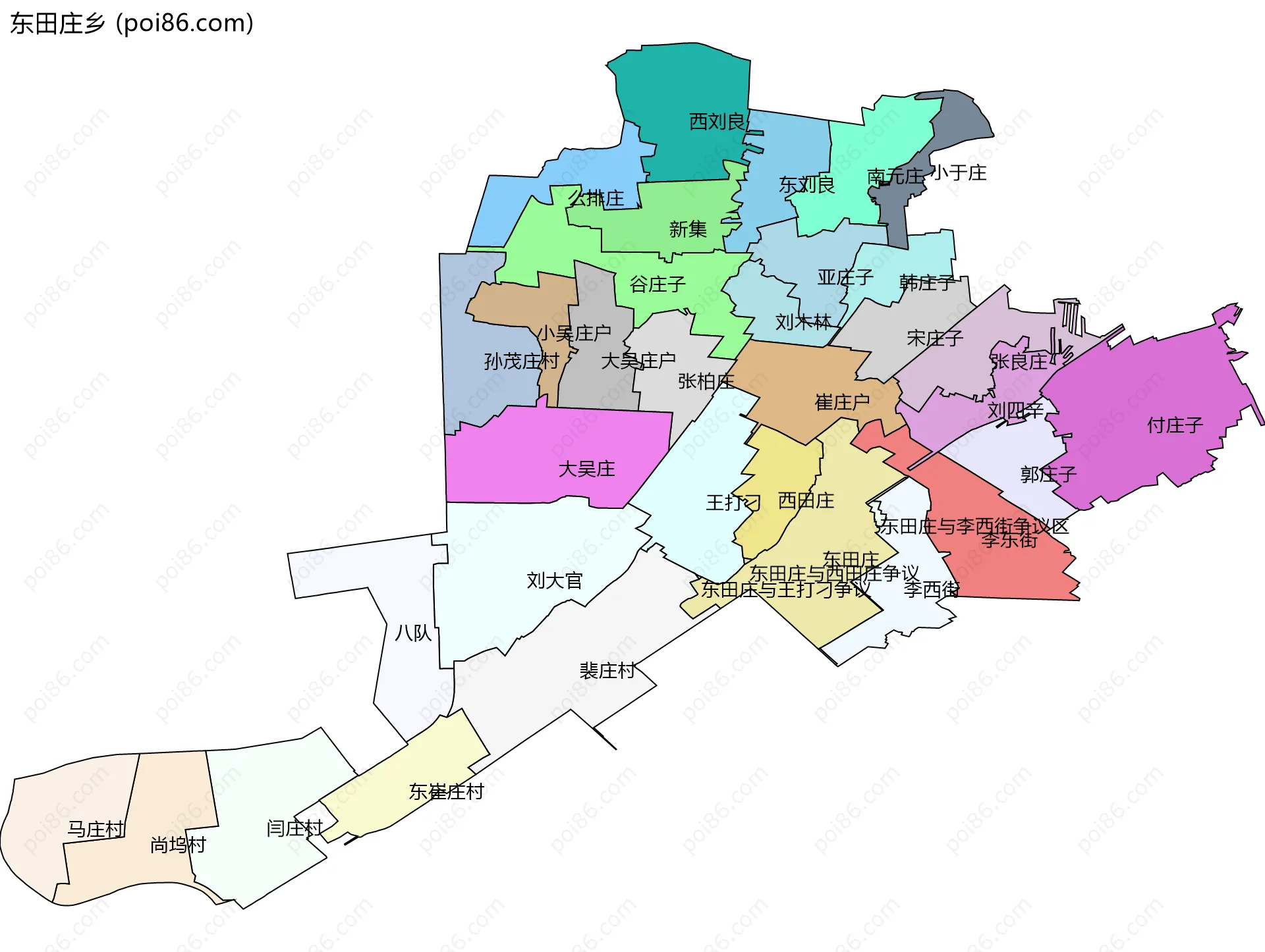东田庄乡边界地图(五级行政区划)