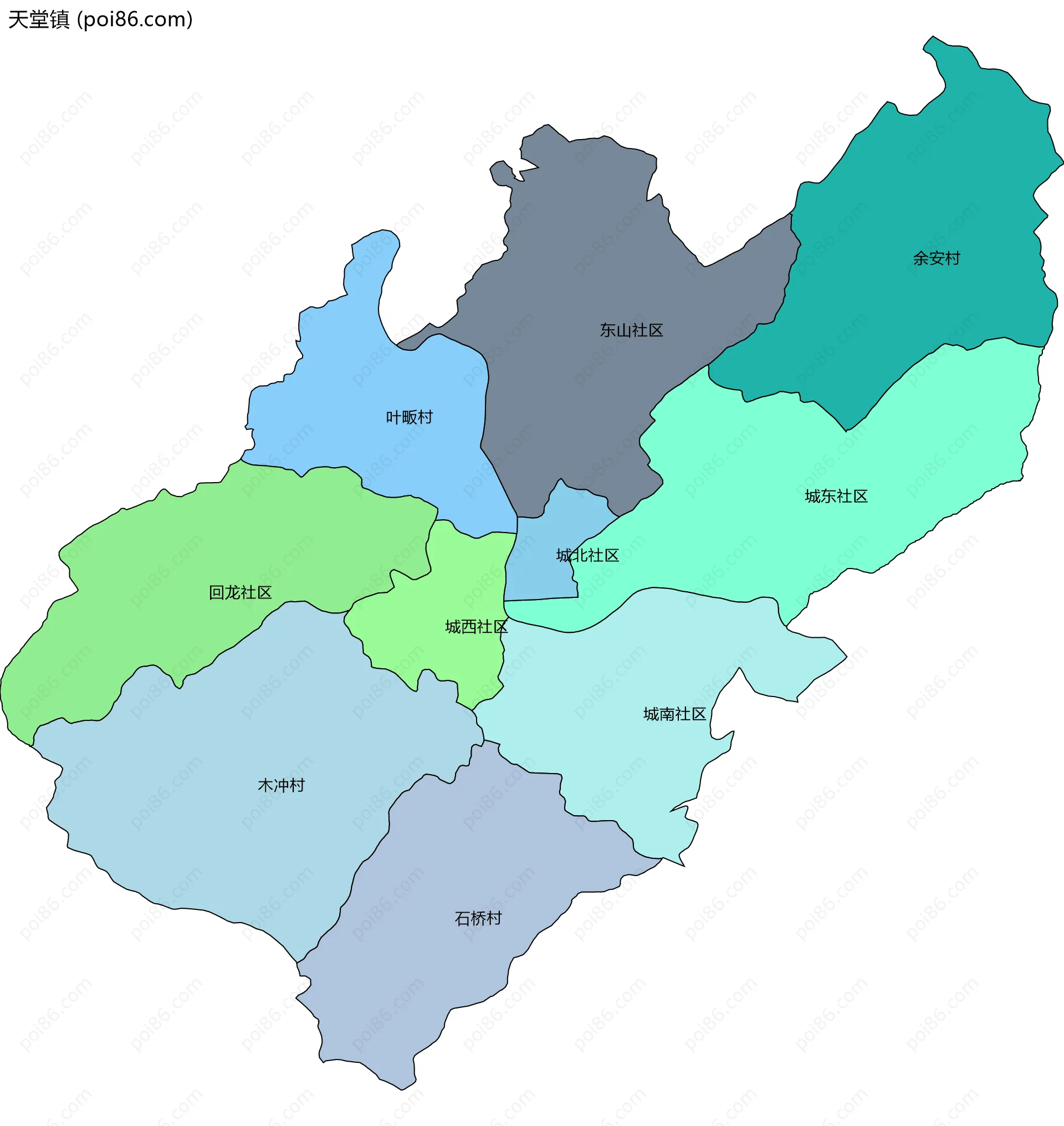 天堂镇边界地图(五级行政区划)