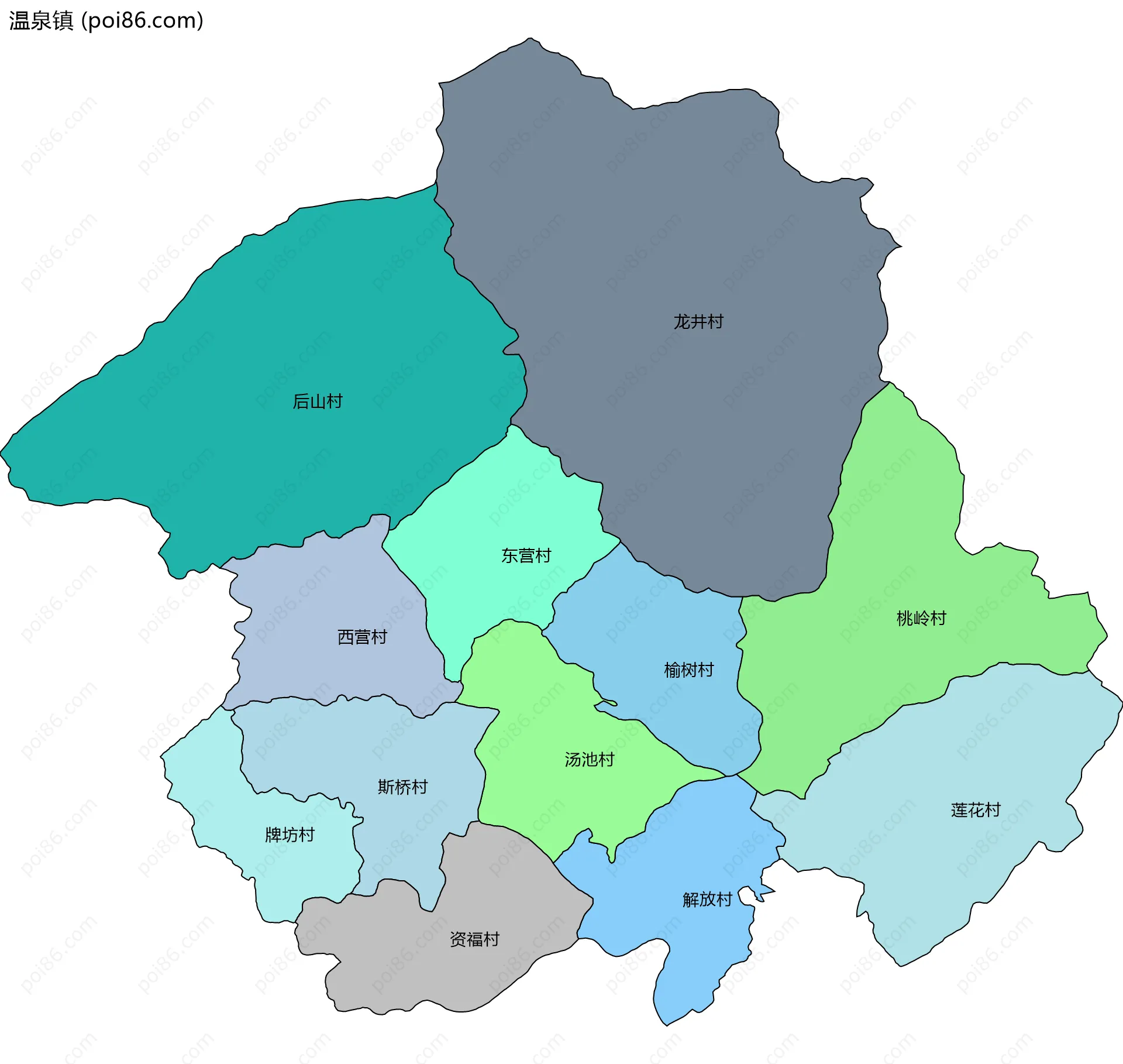 温泉镇边界地图(五级行政区划)