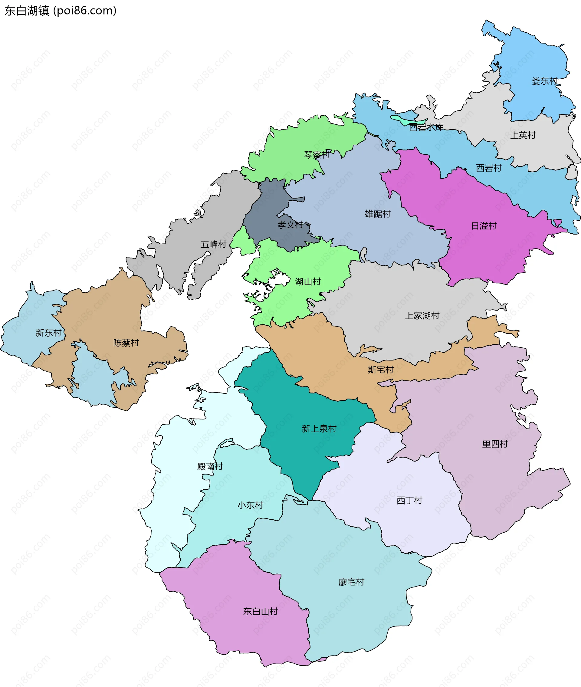 东白湖镇边界地图(五级行政区划)