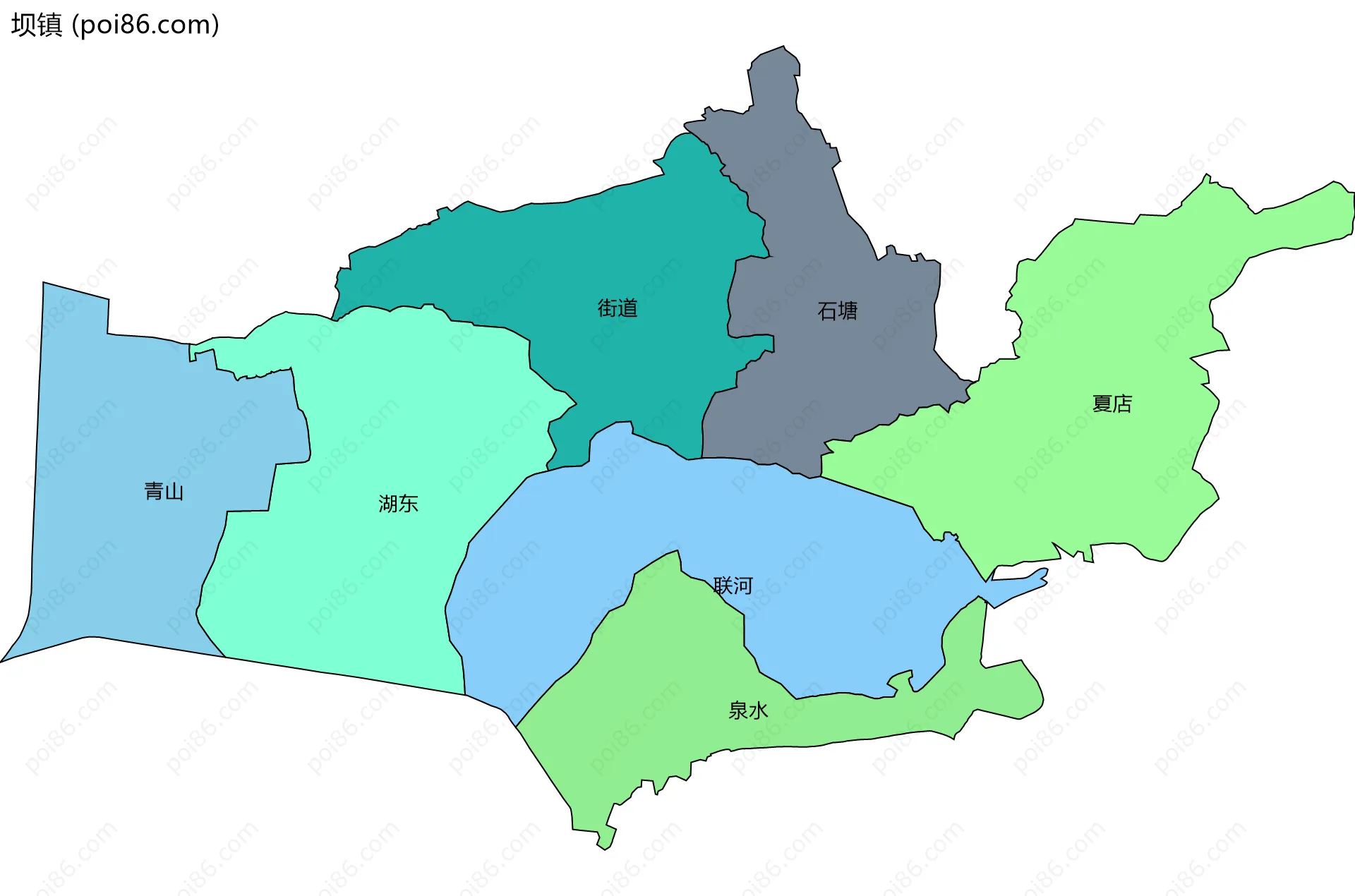 坝镇边界地图(五级行政区划)