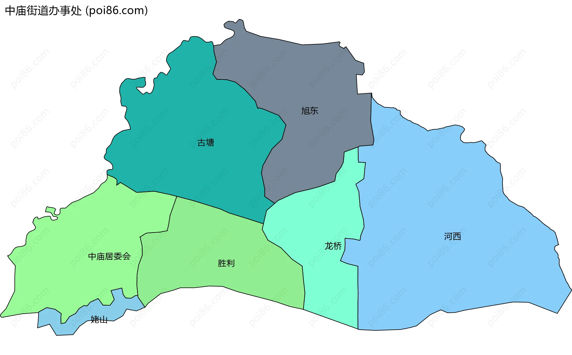 中庙街道办事处边界地图(五级行政区划)