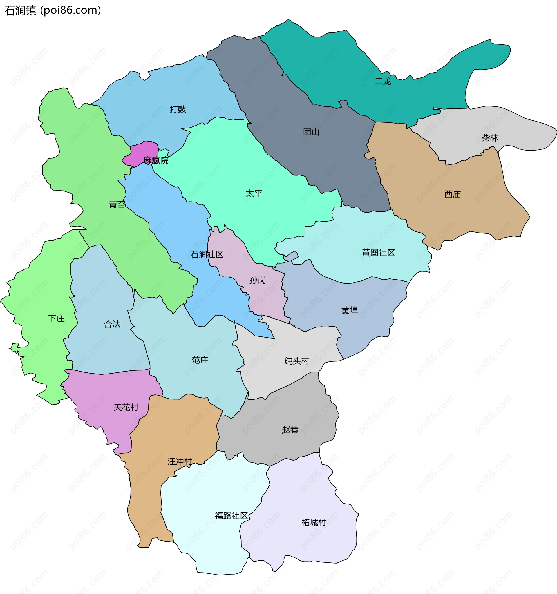 石涧镇边界地图(五级行政区划)