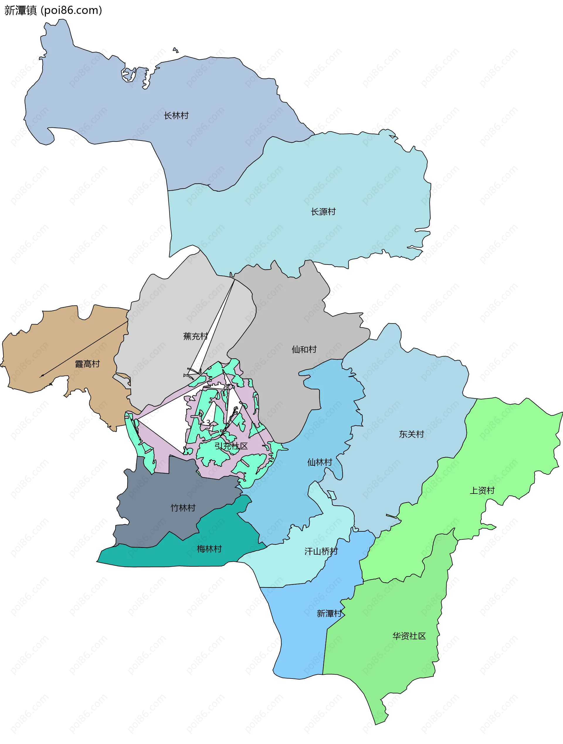 新潭镇边界地图(五级行政区划)