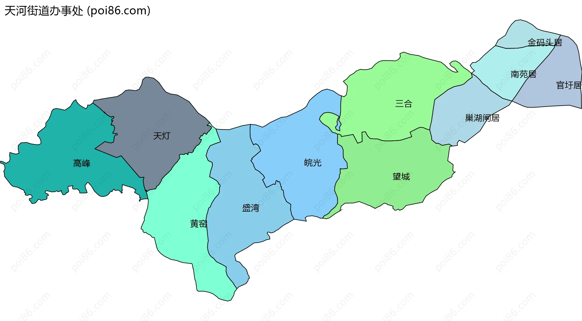 天河街道办事处边界地图(五级行政区划)